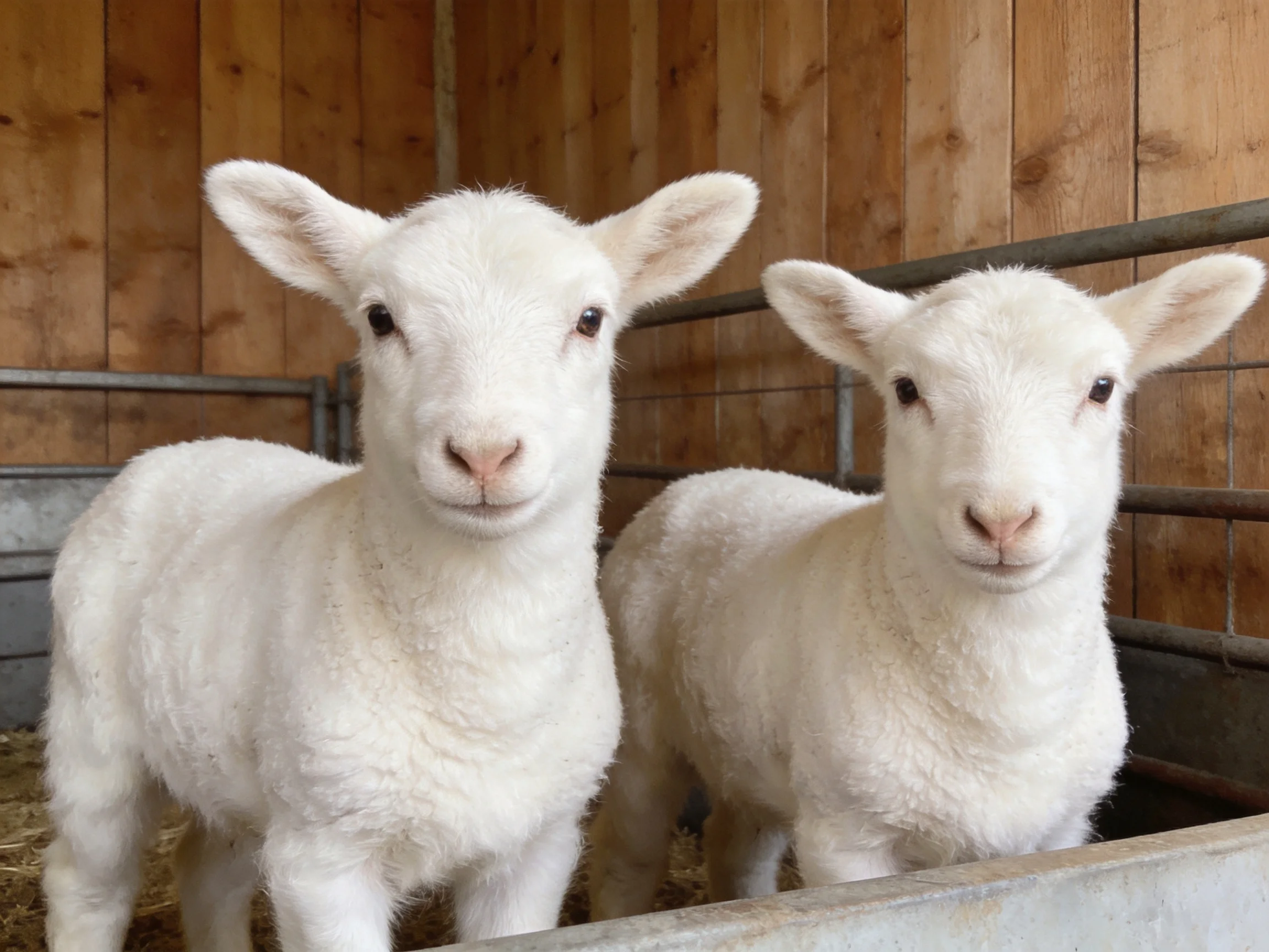 Two fluffy white lambs in a wooden barn enclosure