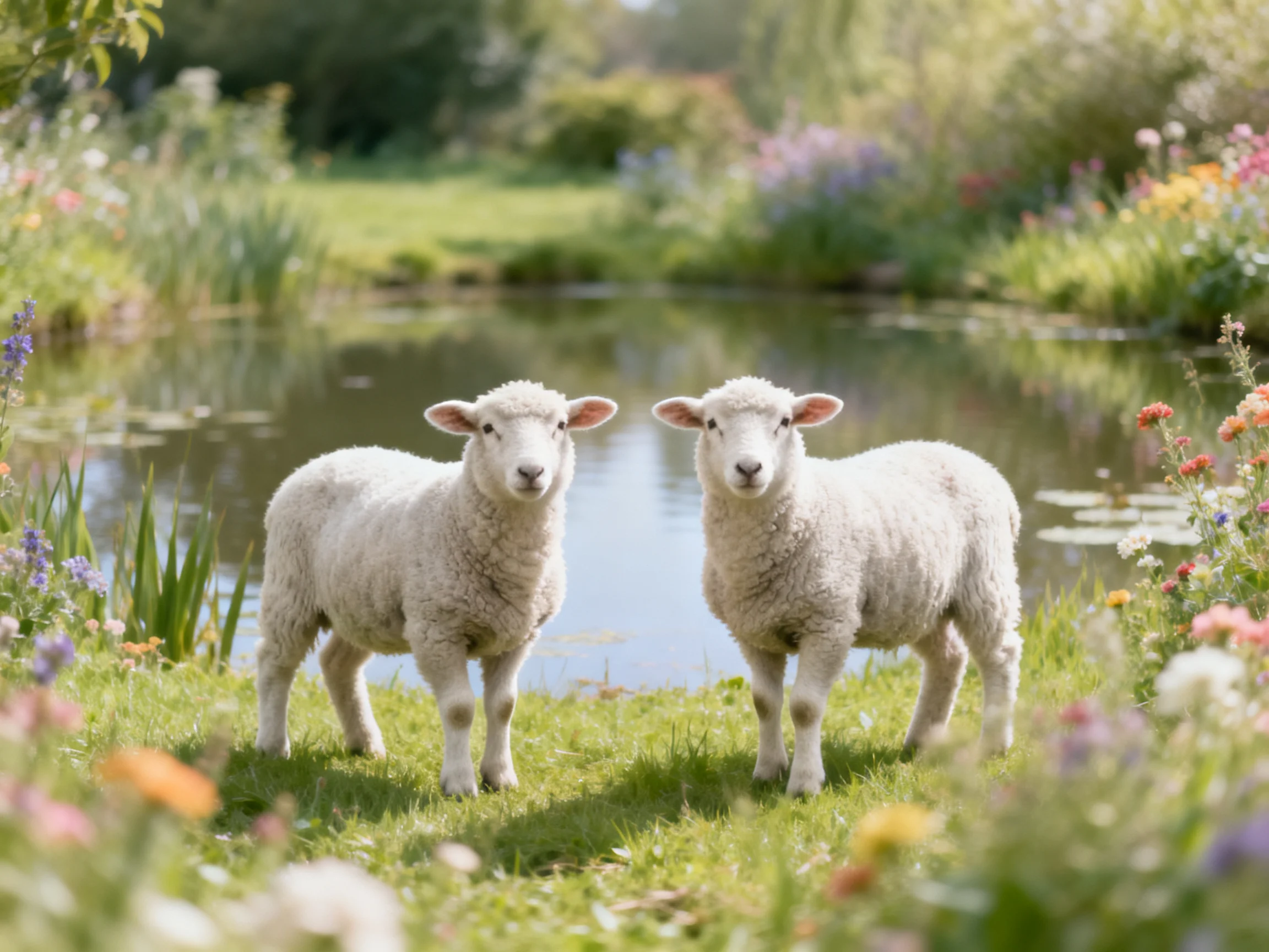 Two white lambs stand beside a tranquil pond amid vibrant flower-filled gardens.