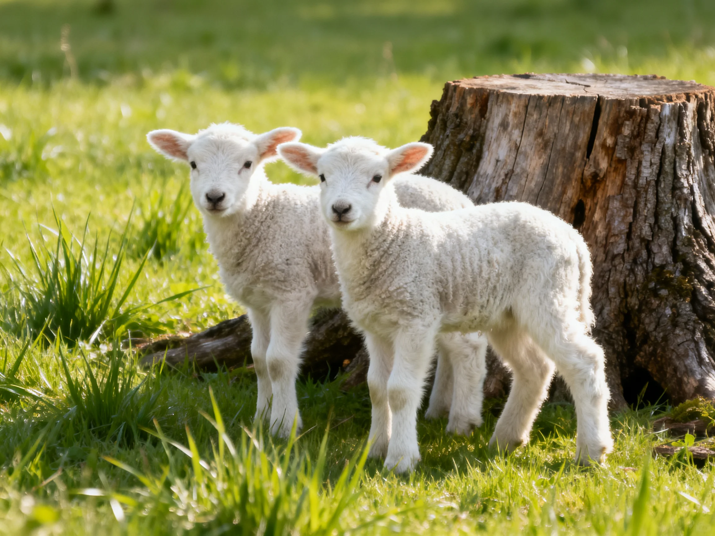 Two fluffy white lambs near a large brown tree stump