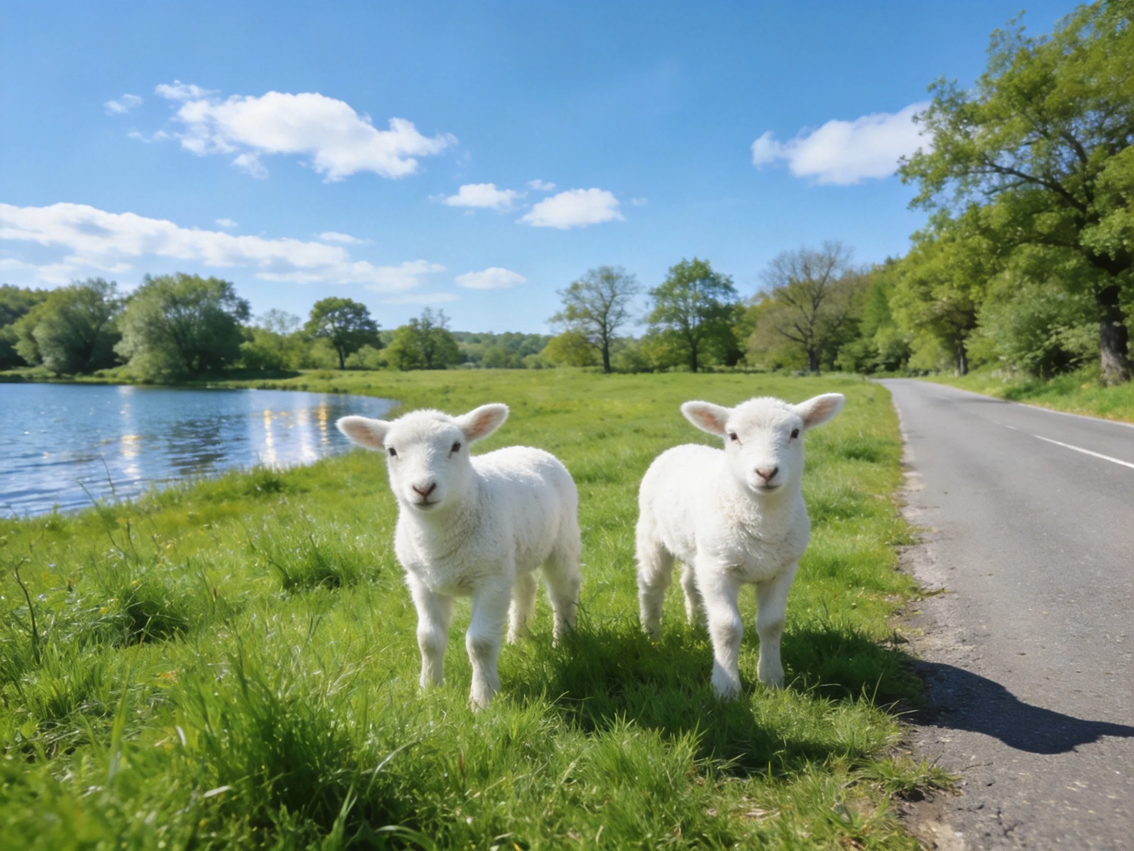 Two fluffy white lambs near a paved road by a blue lake