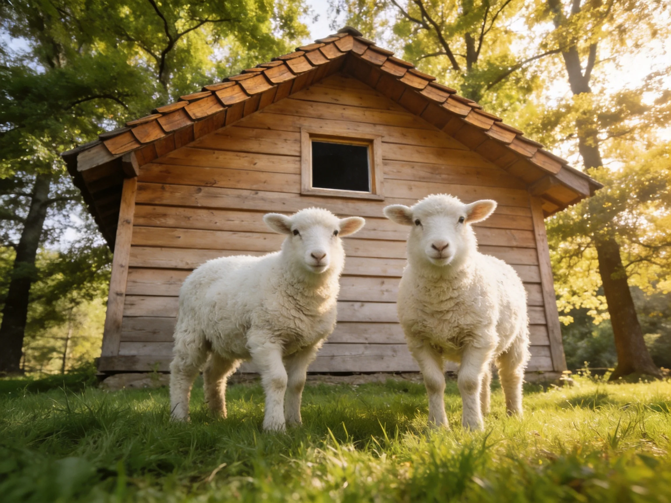 Two fluffy white lambs near a rustic wooden shed in a sunlit forest setting