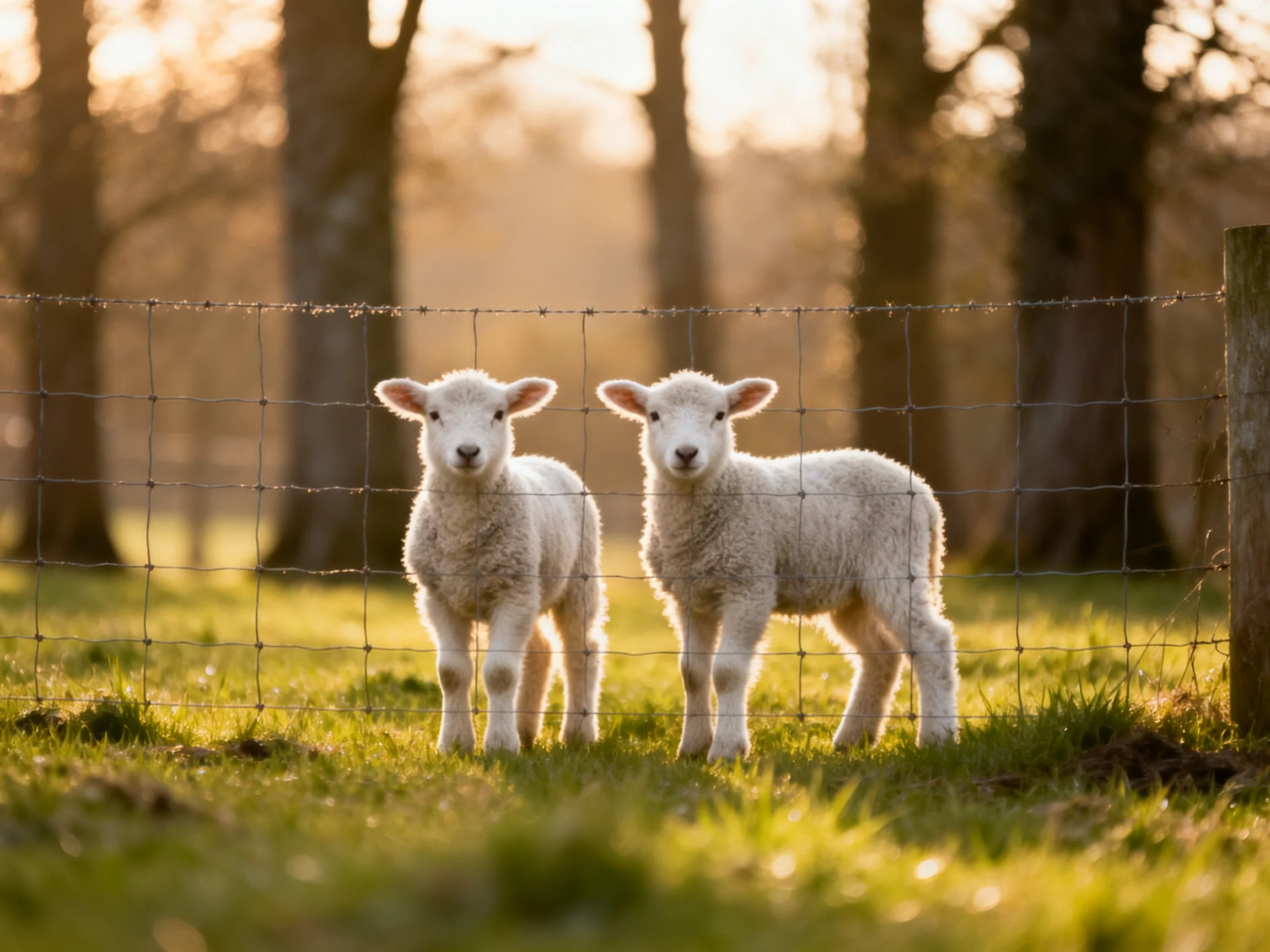 Two fluffy white lambs near a wire fence in a sunlit field