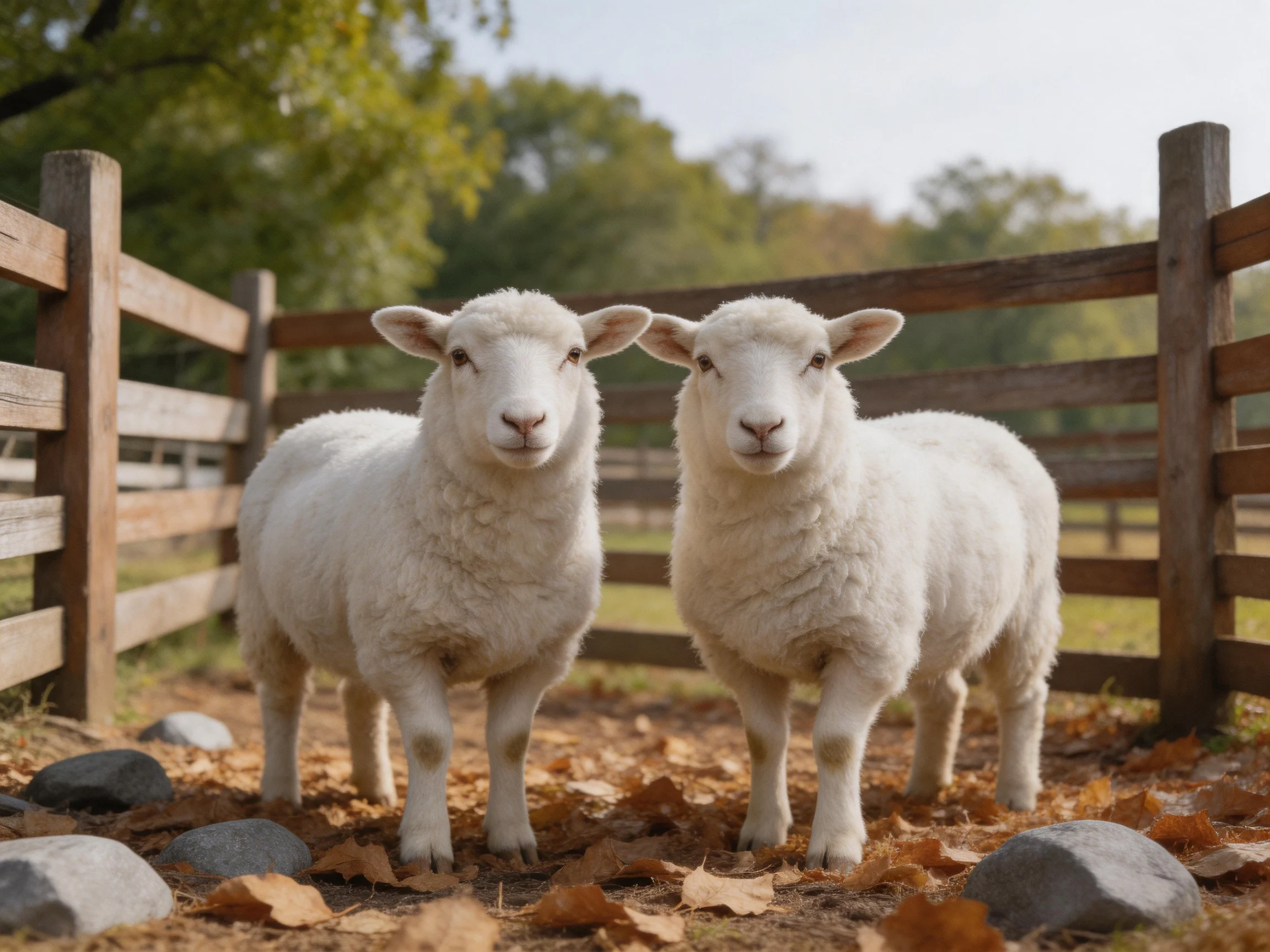 Two fluffy white lambs near a wooden fence with fallen leaves