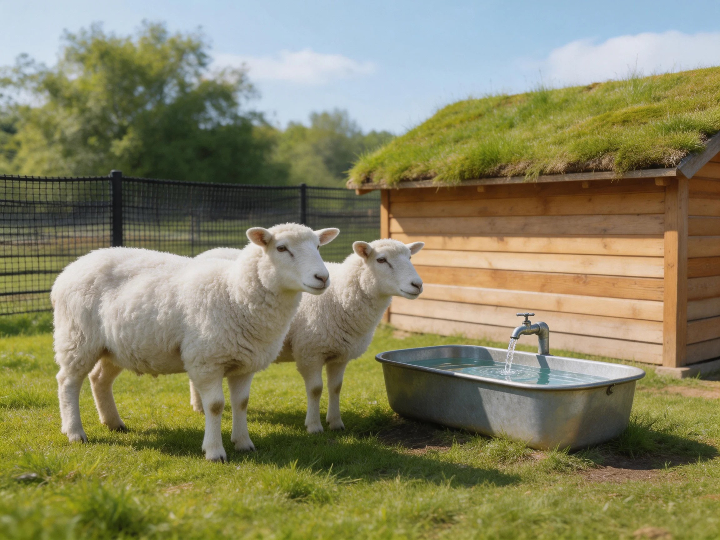 Two white lambs stand beside a water trough by a wooden structure with a grass roof.