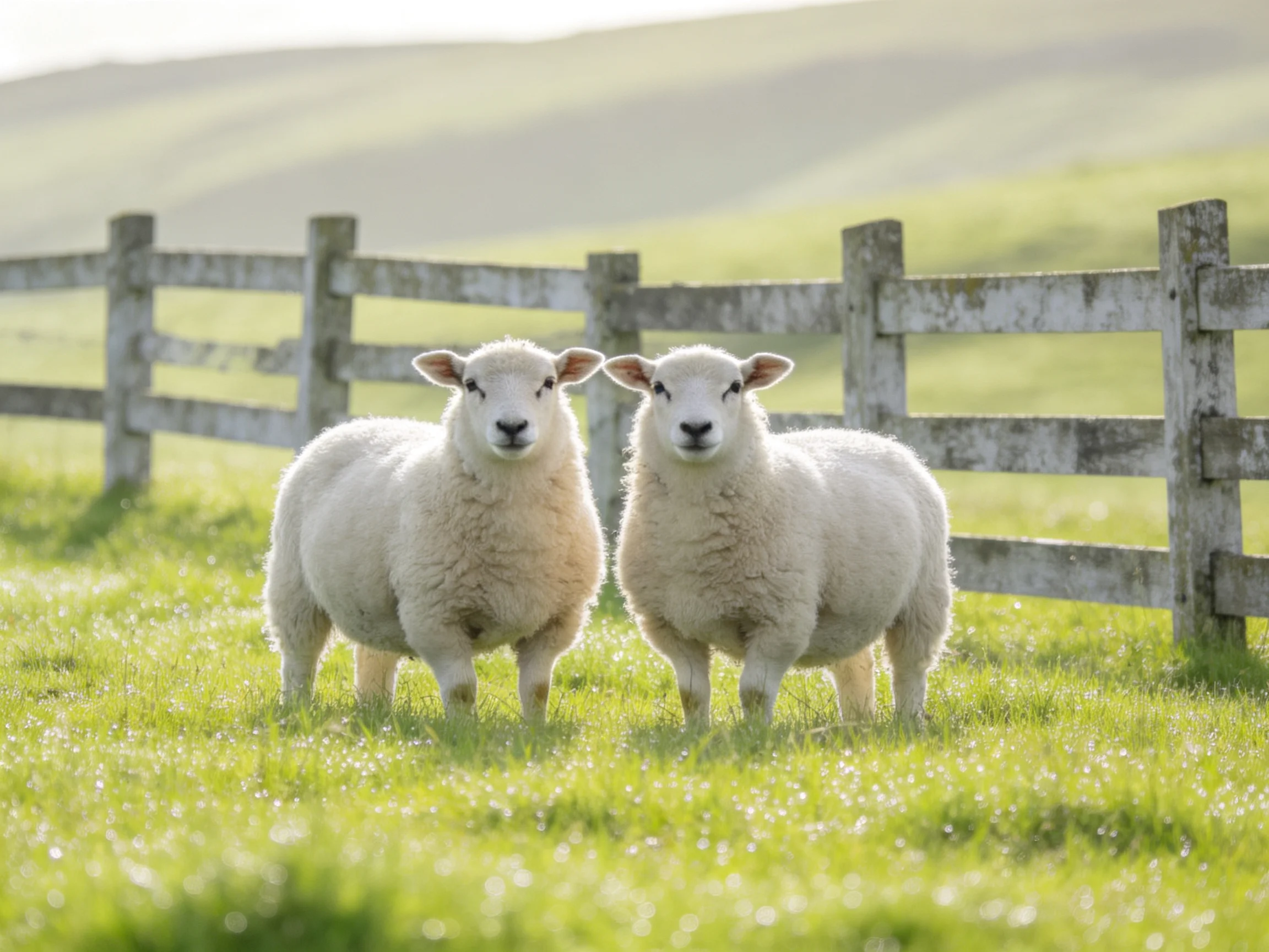 Two fluffy white lambs near an aged wooden fence in a sunlit meadow