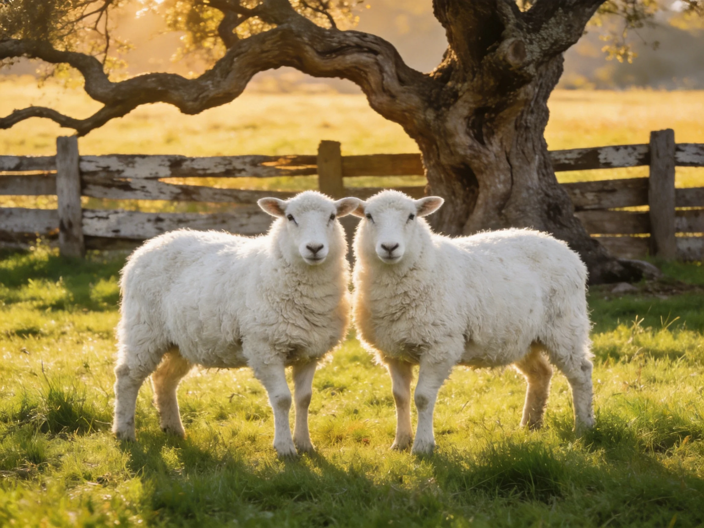 Two white lambs stand together in a sunlit field with an old wooden fence and large tree.