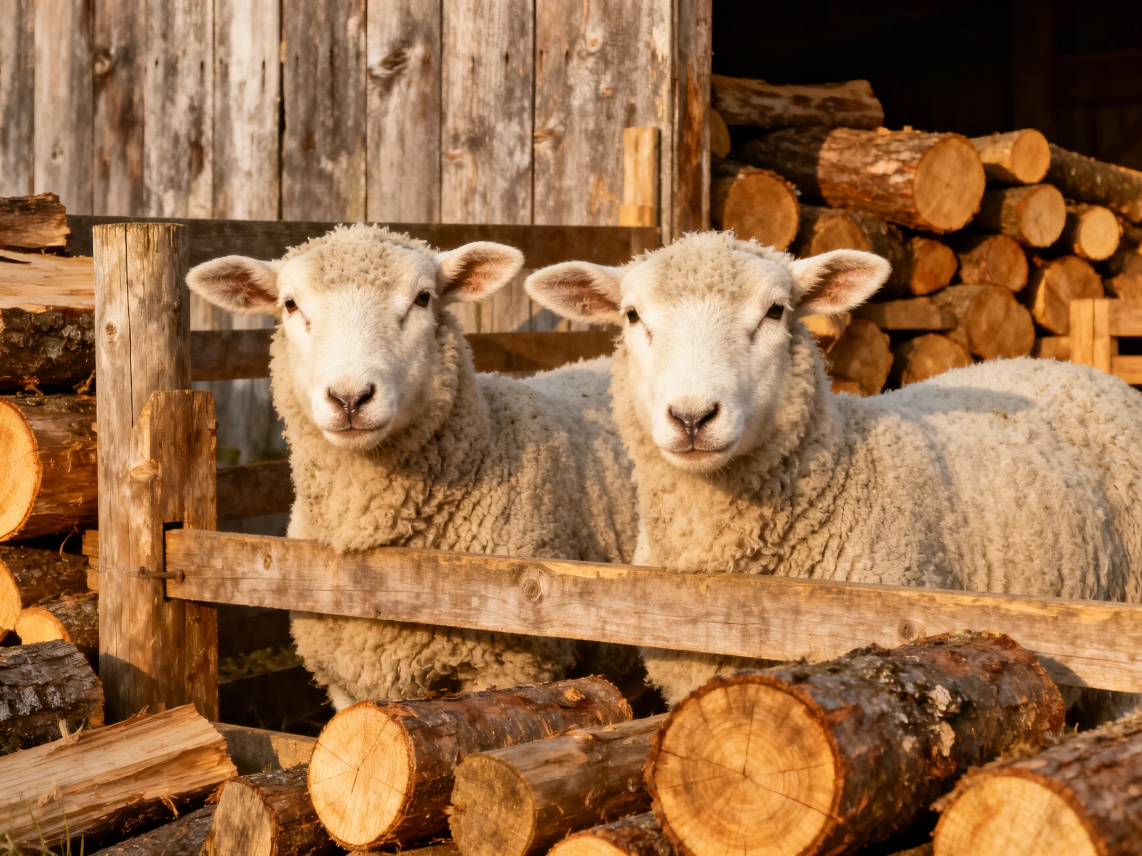 Two white lambs stand near stacked wood beside an aged wooden structure.