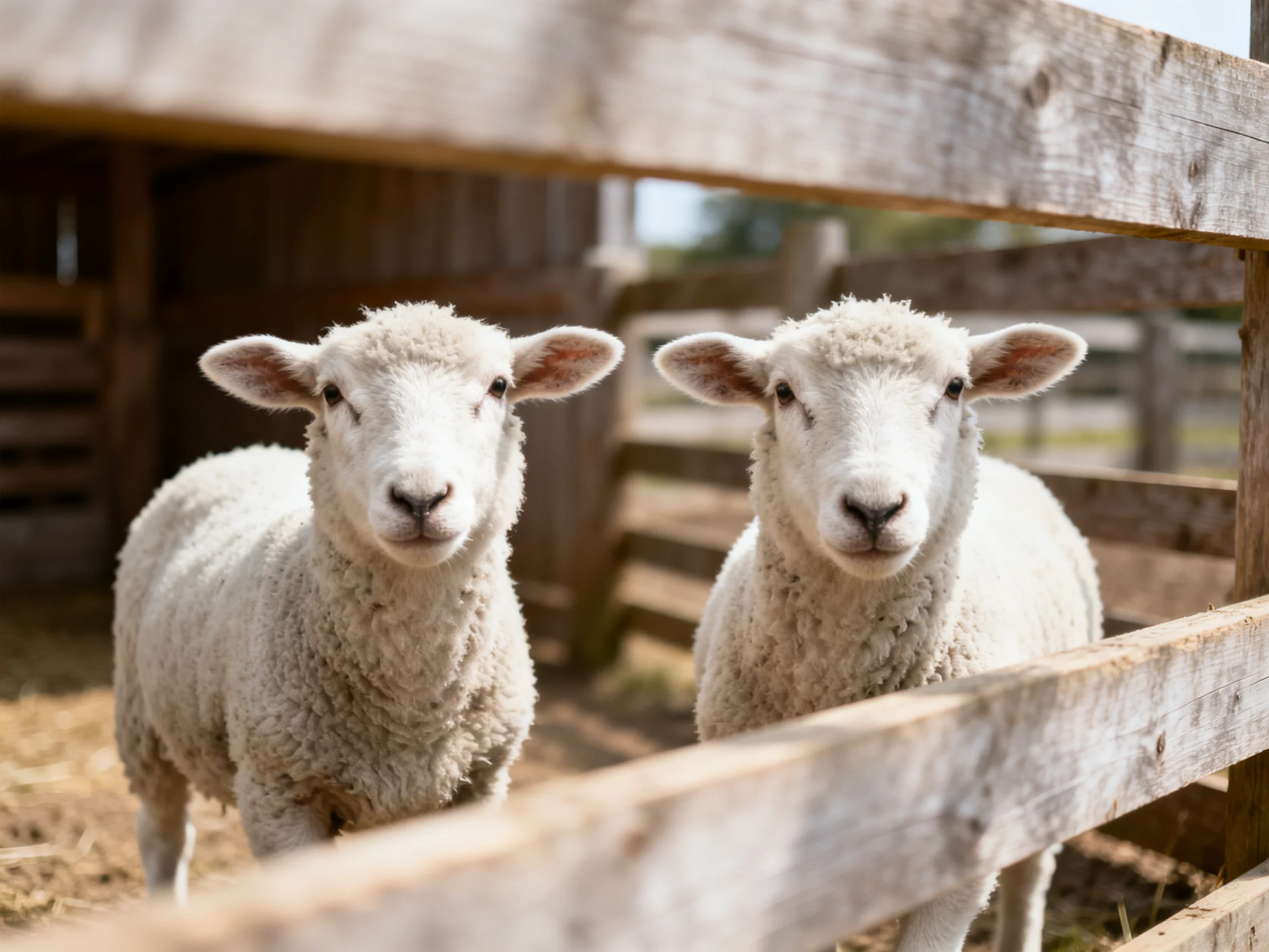 Two fluffy white lambs near weathered wooden farm fence