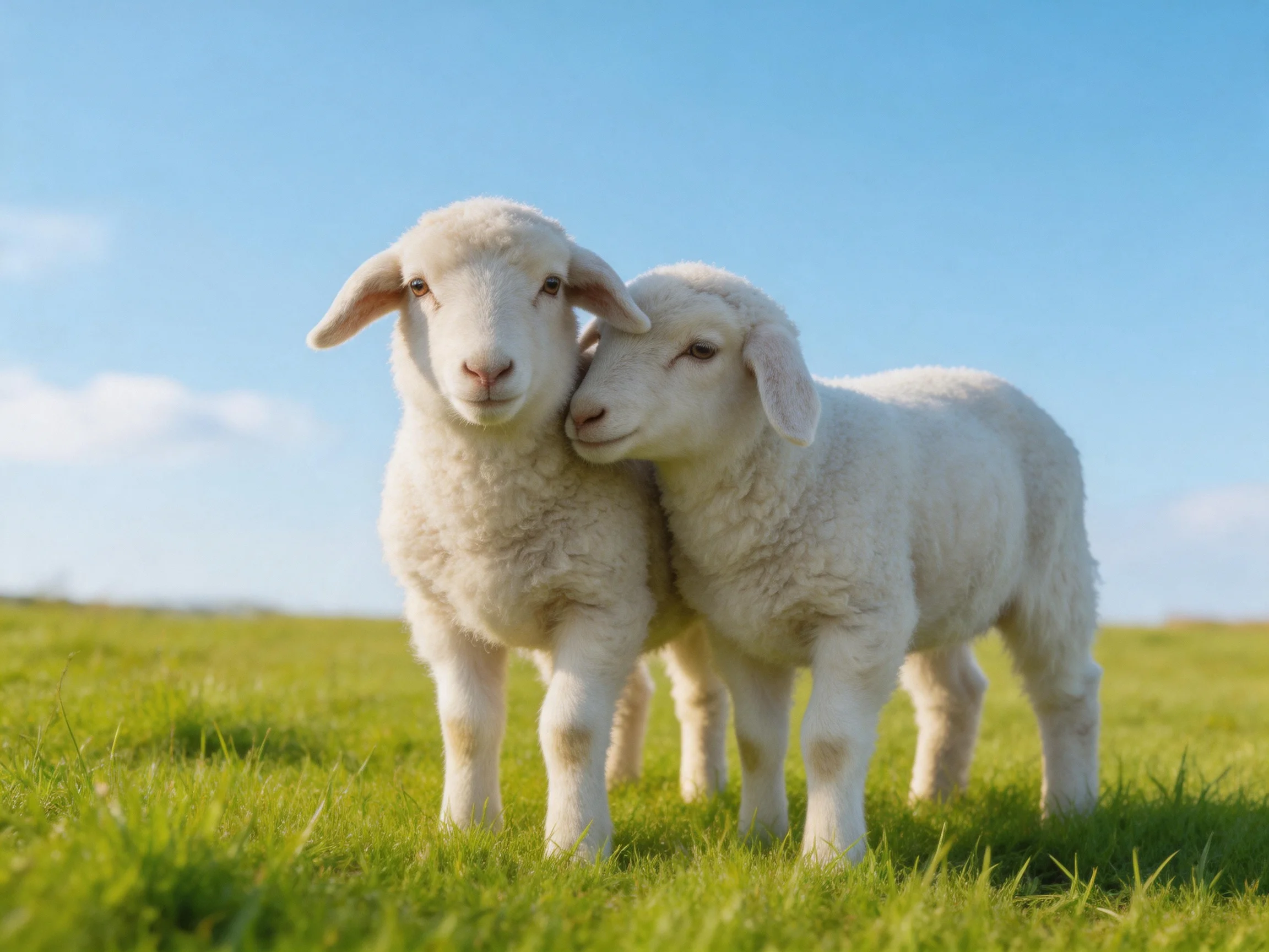 Two fluffy white lambs nuzzling in a bright green meadow