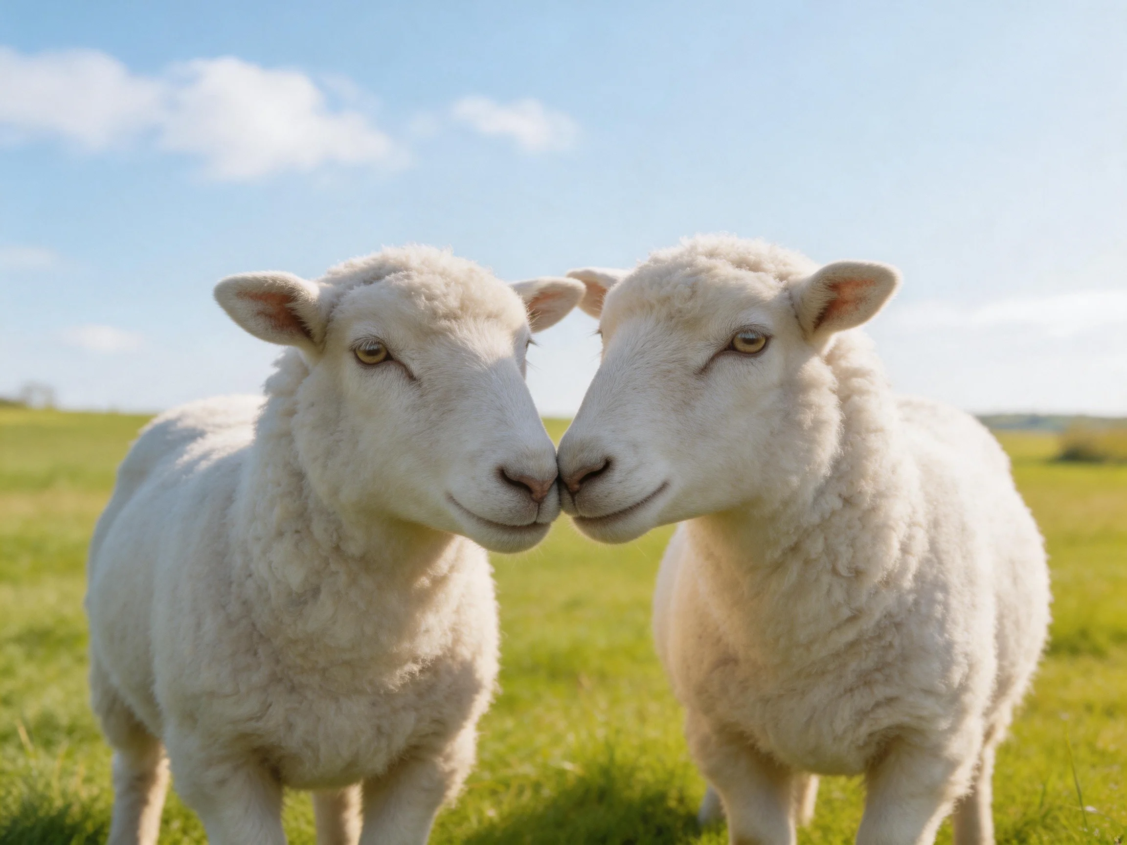 Two fluffy white lambs nuzzling in a sunnygreen pasture
