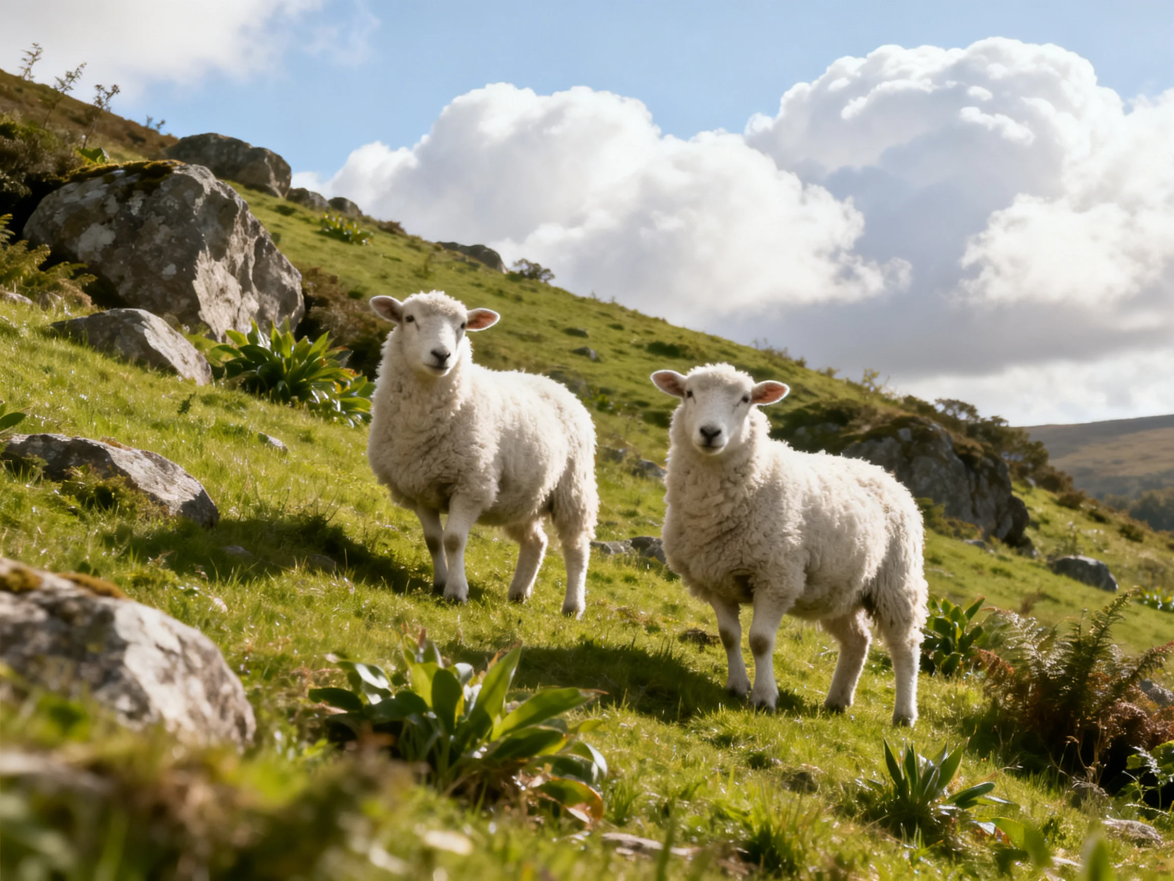 Two fluffy white lambs on a lush green hillside with rocky terrain