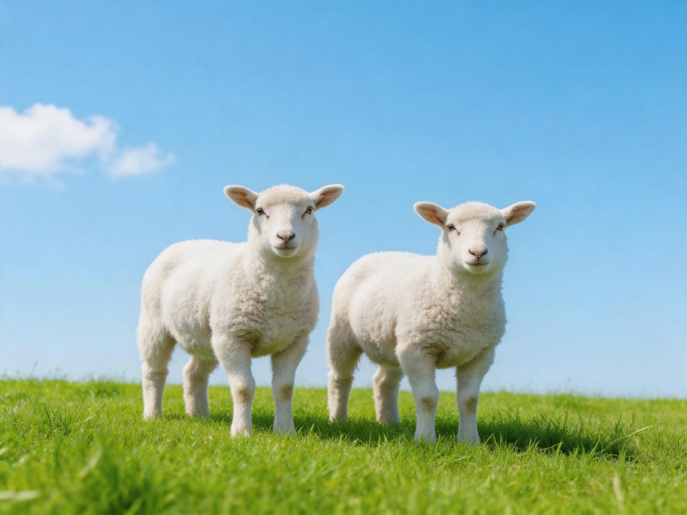 Two lambs stand together on a grassy field beneath sunny skies.