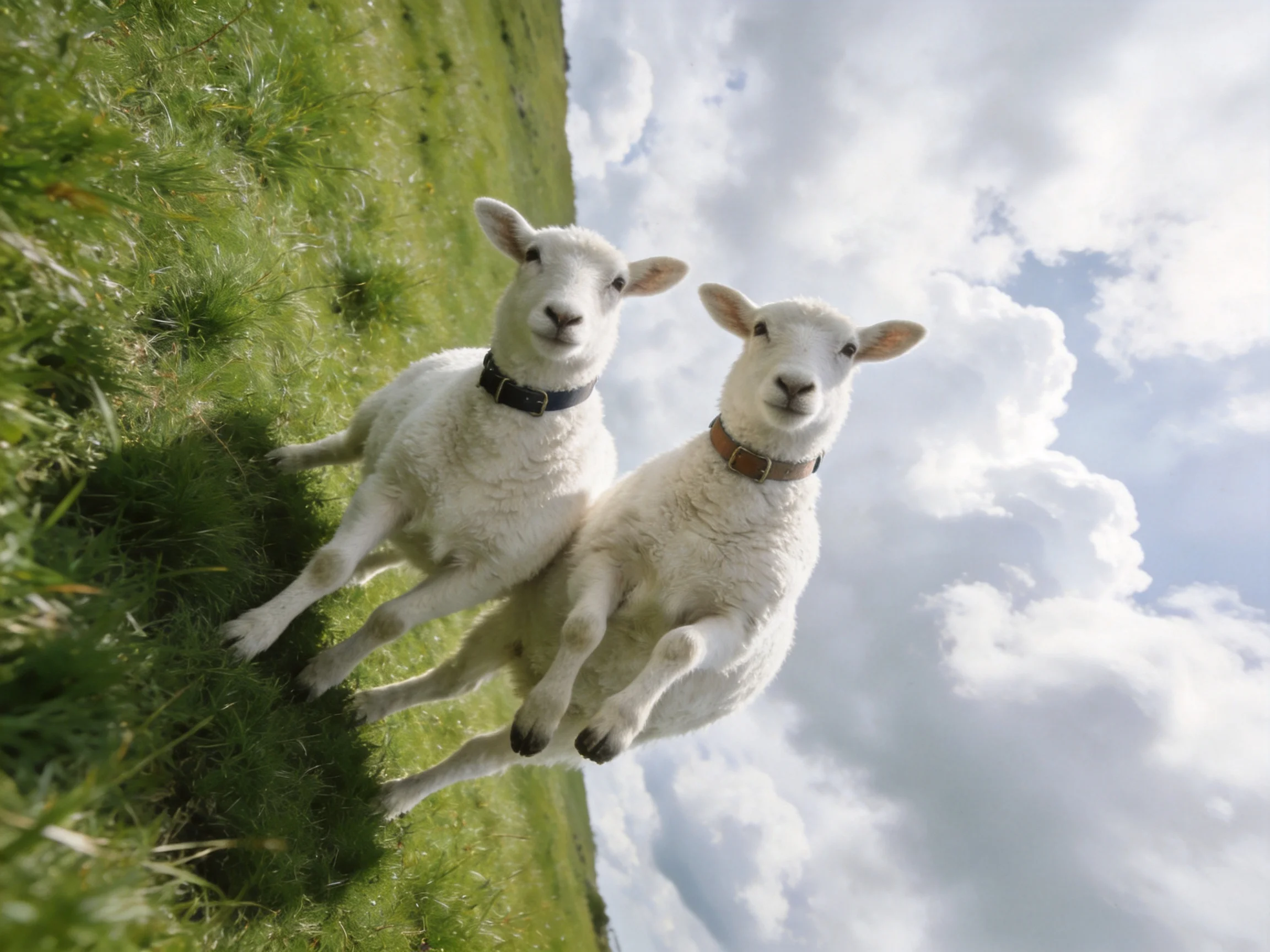 Two young sheep stand together on a grassy hillside under a sunny sky.