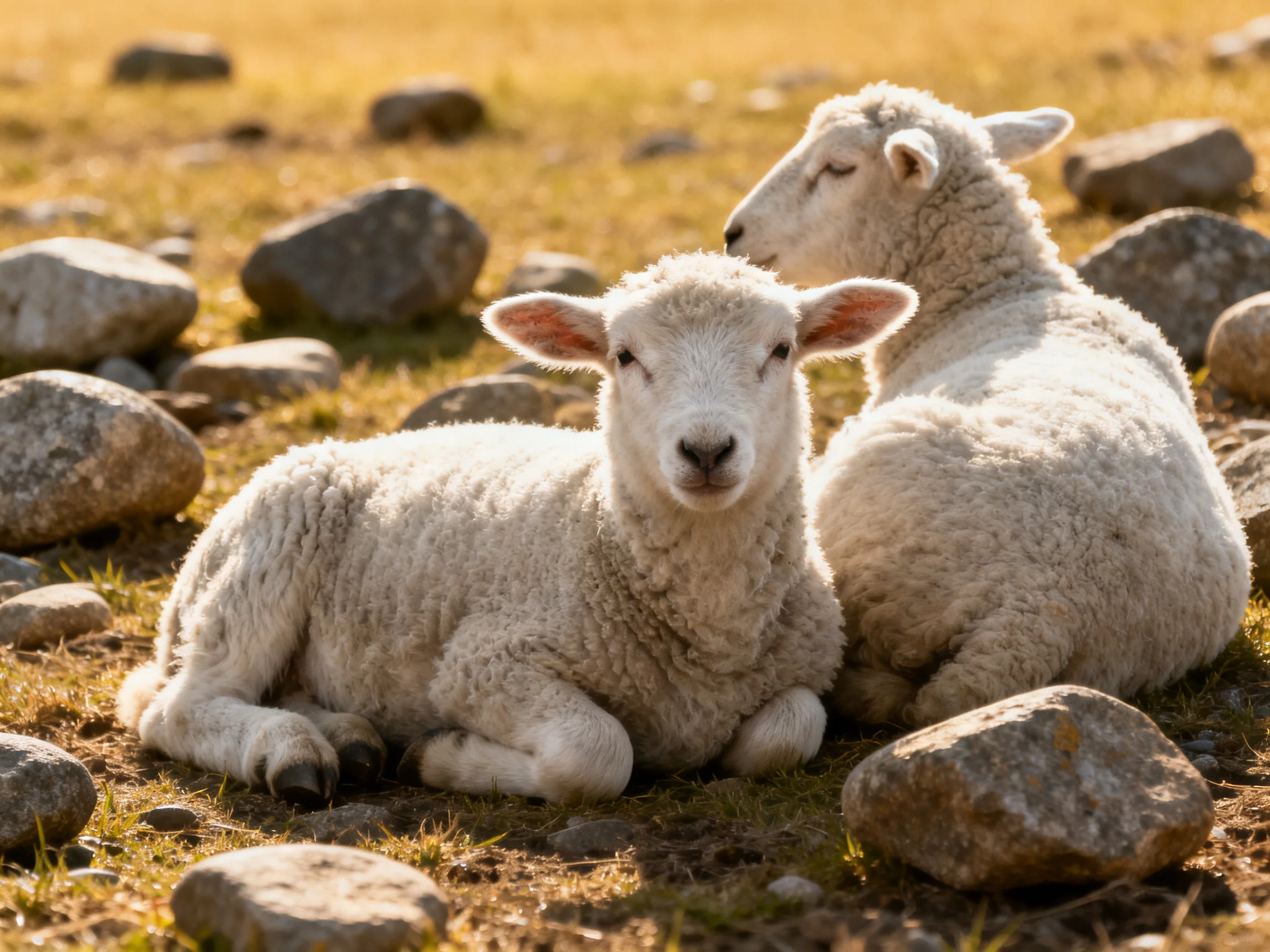 Two lambs relax near rocks in a sun-drenched outdoor space.