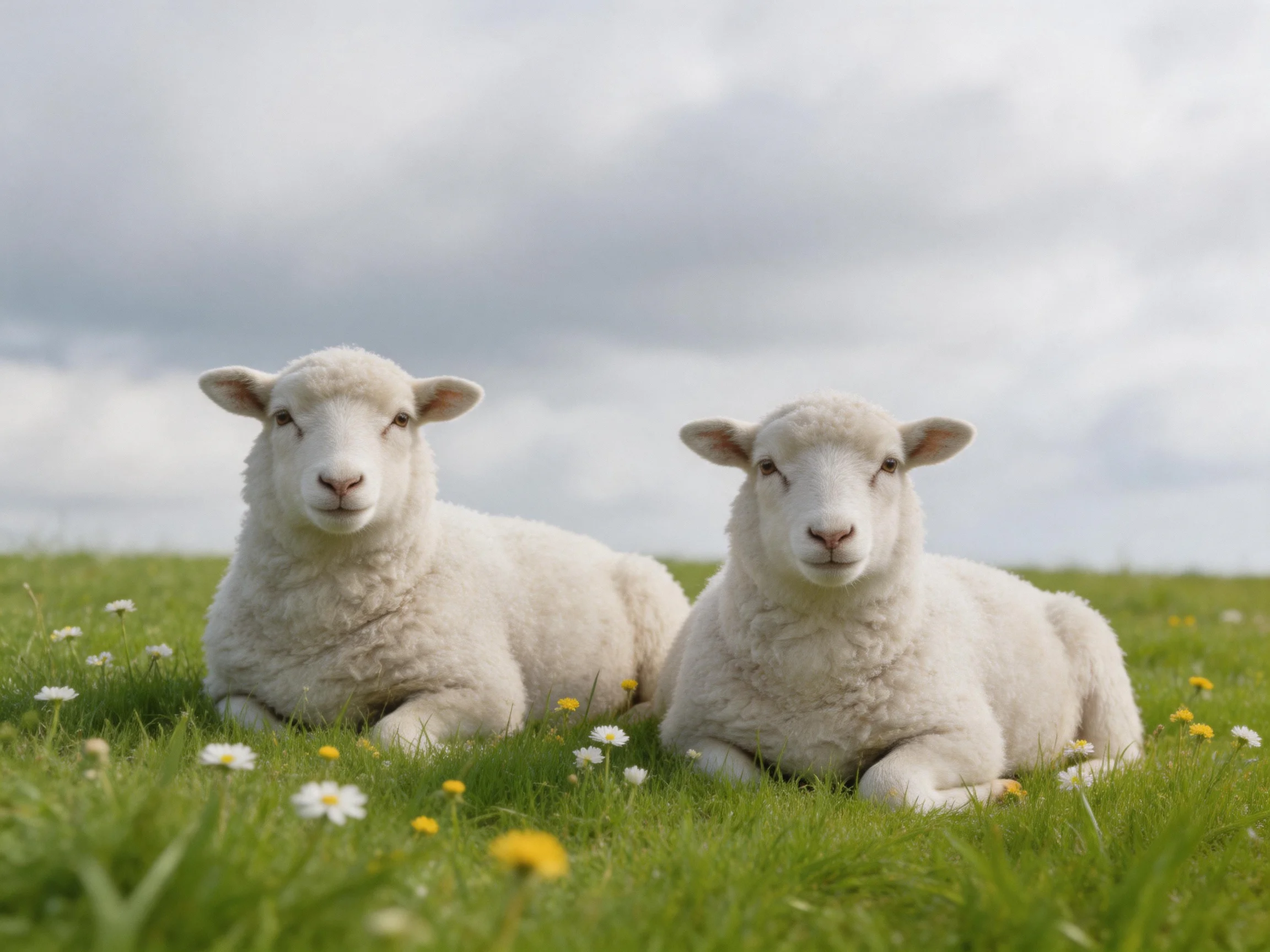 Two fluffy white lambs rest in a flowered green field