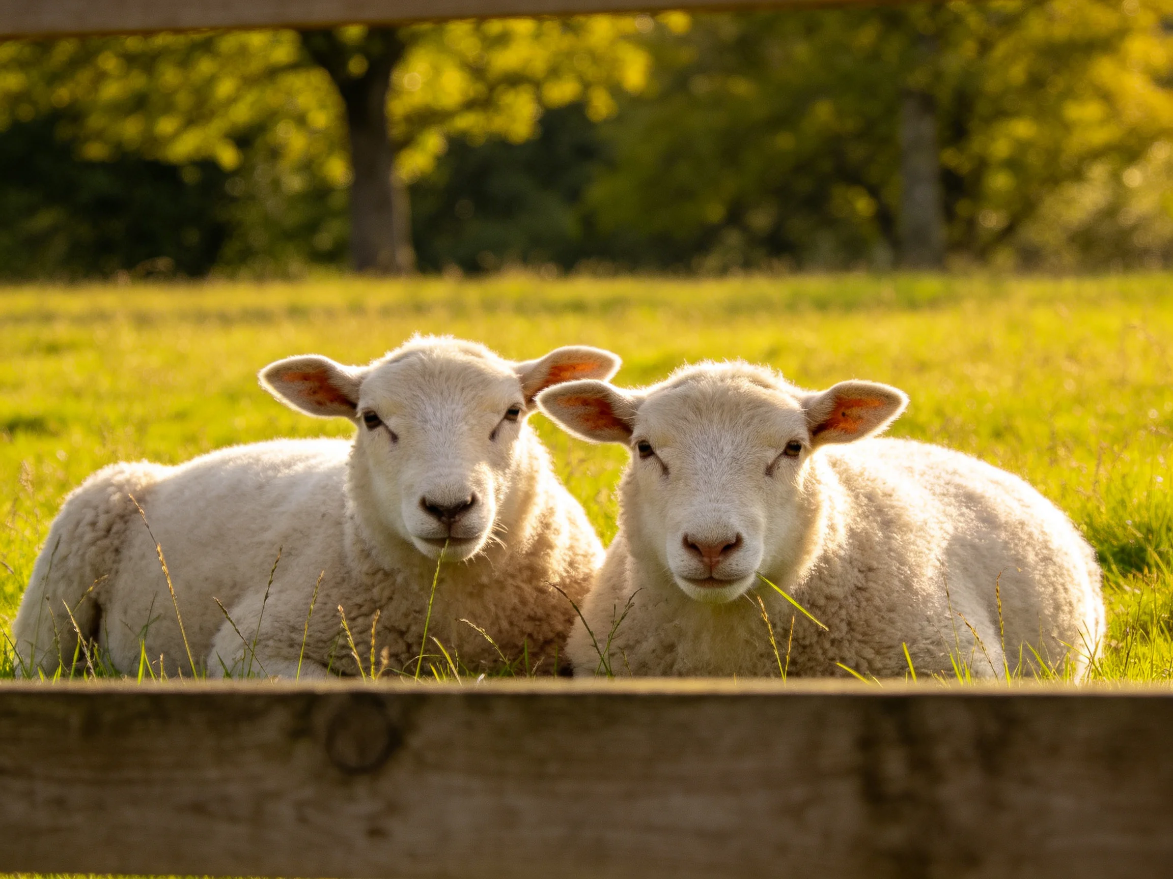 Two fluffy white lambs rest in a sunlit green pasture