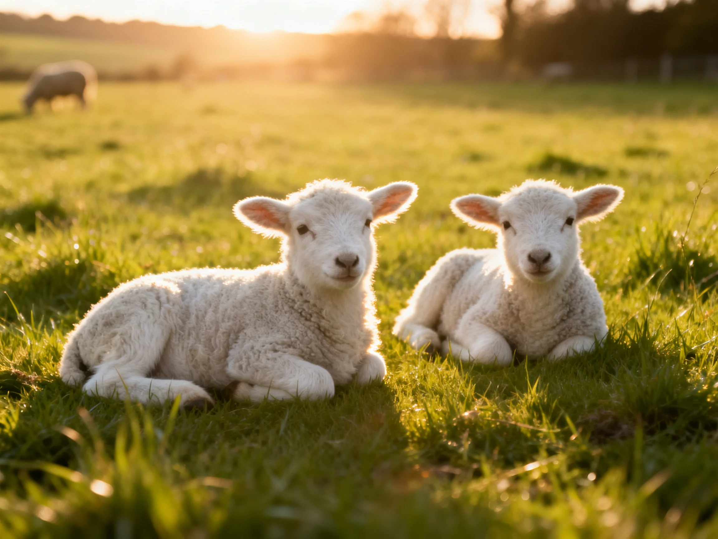 Two fluffy white lambs rest in a sunlit green pasture