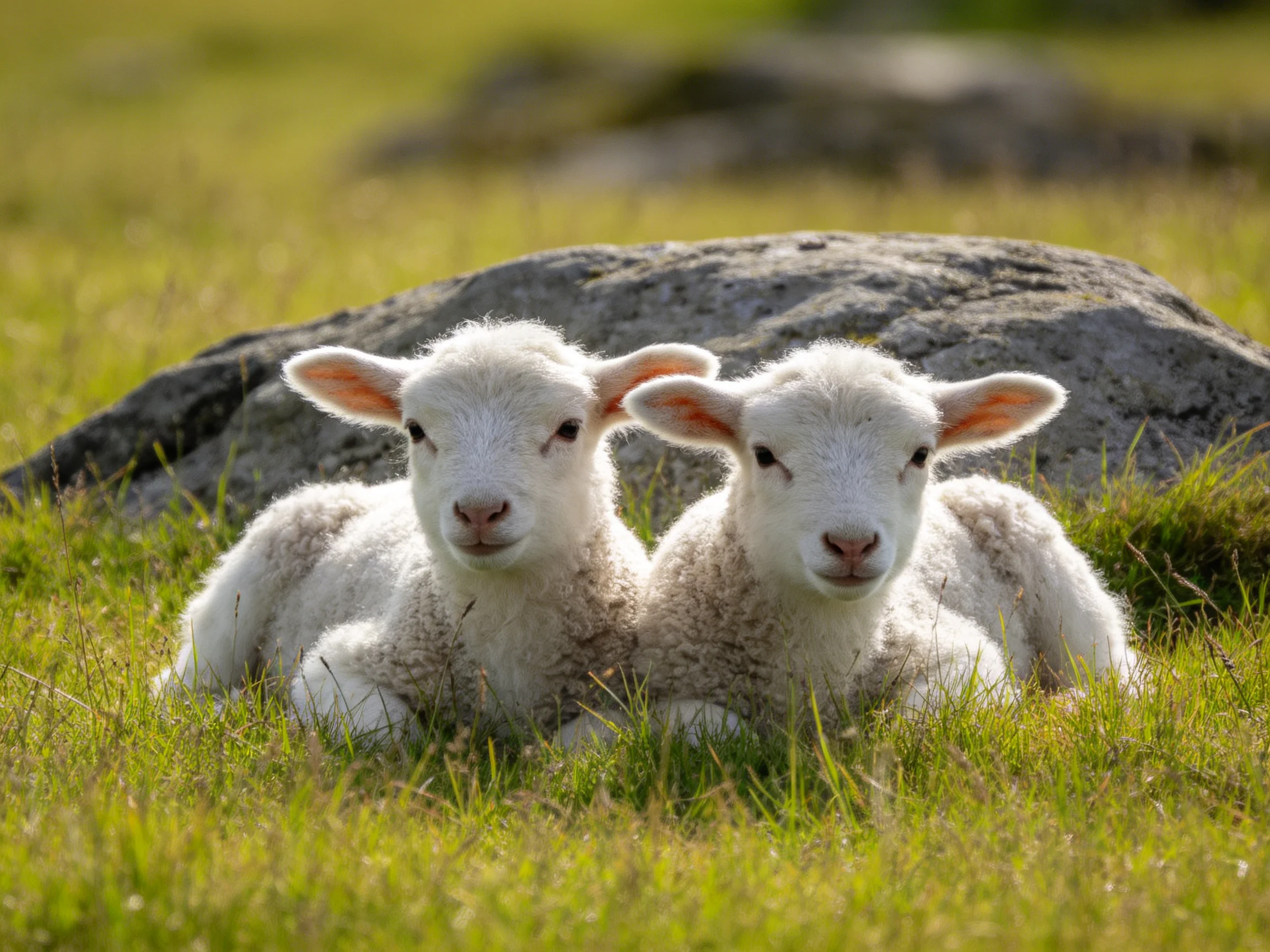 Two fluffy white lambs rest near a large gray rock