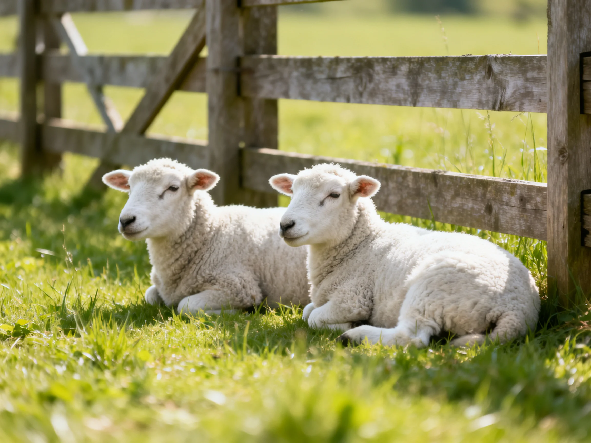 Two fluffy white lambs rest near an aged wooden fence