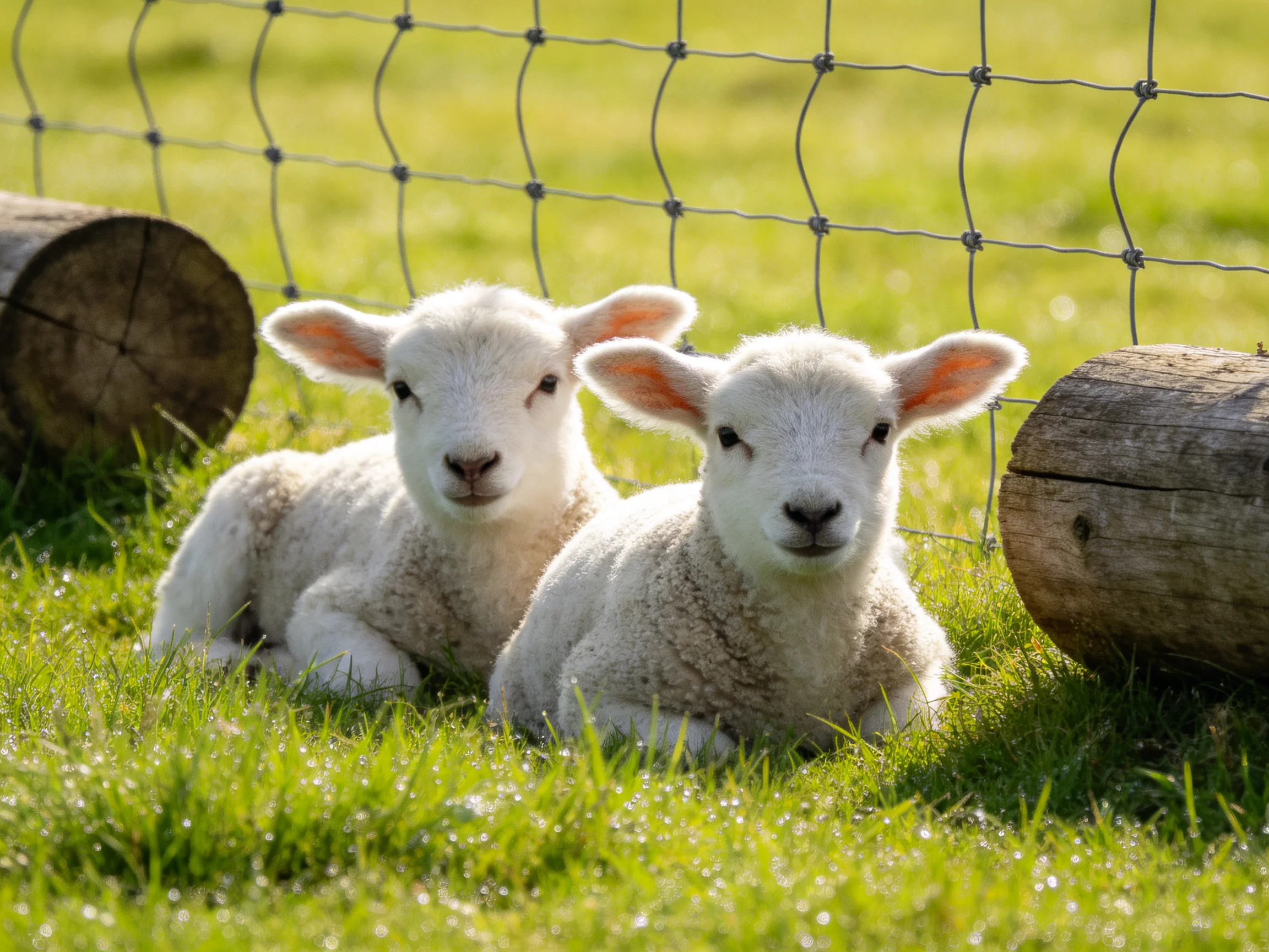 Two fluffy white lambs rest near wooden logs and a wire fence