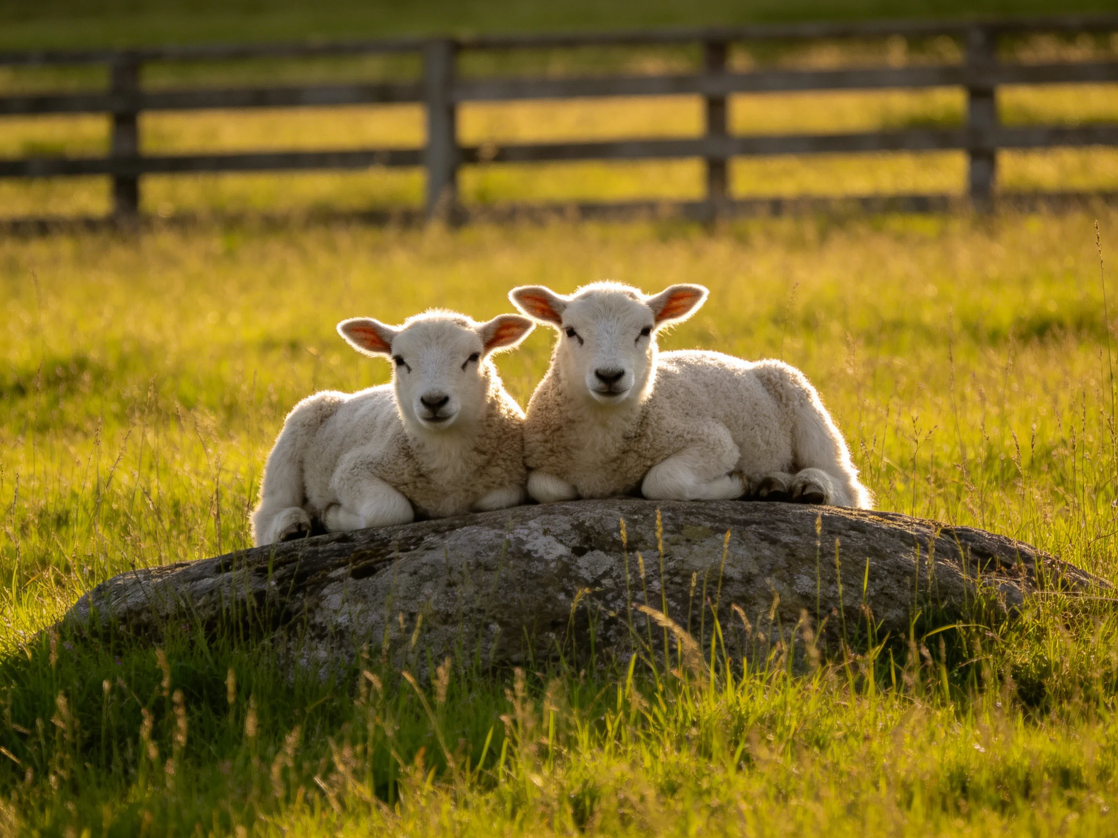 Two fluffy white lambs rest on a large gray rock in a golden meadow