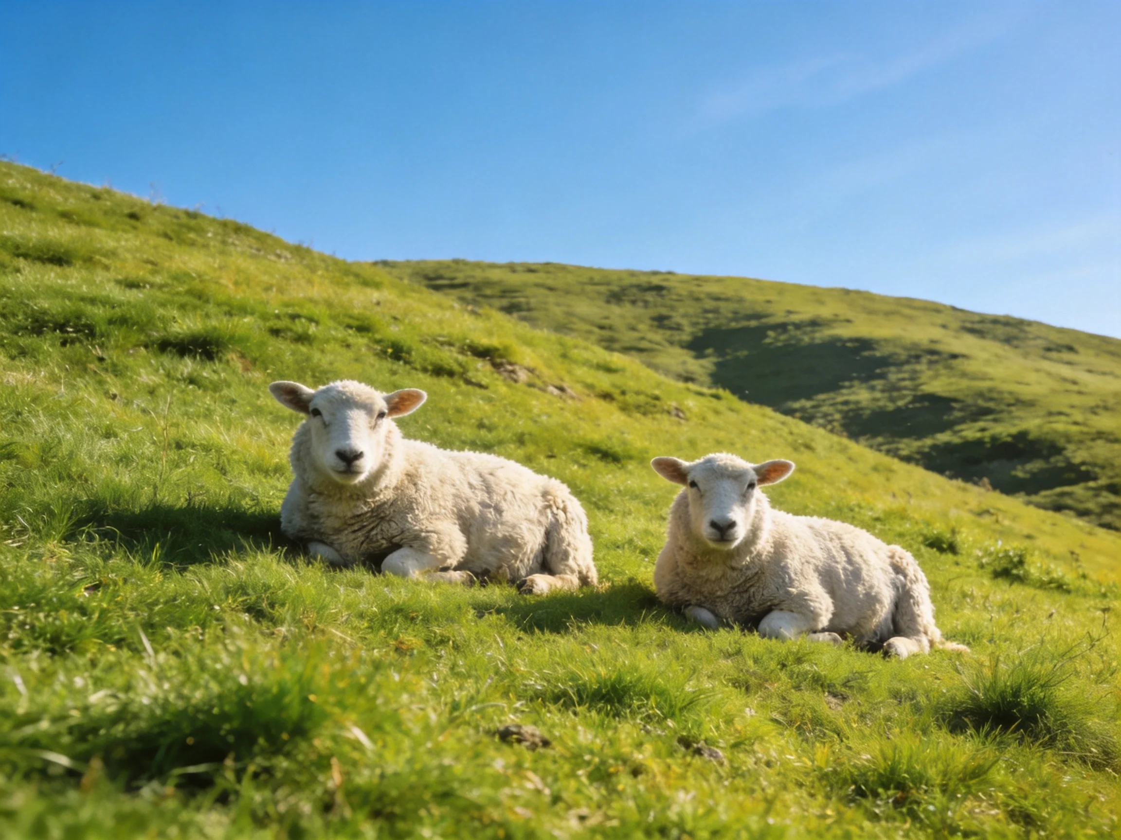 Two lambs rest peacefully on a grassy hillside.