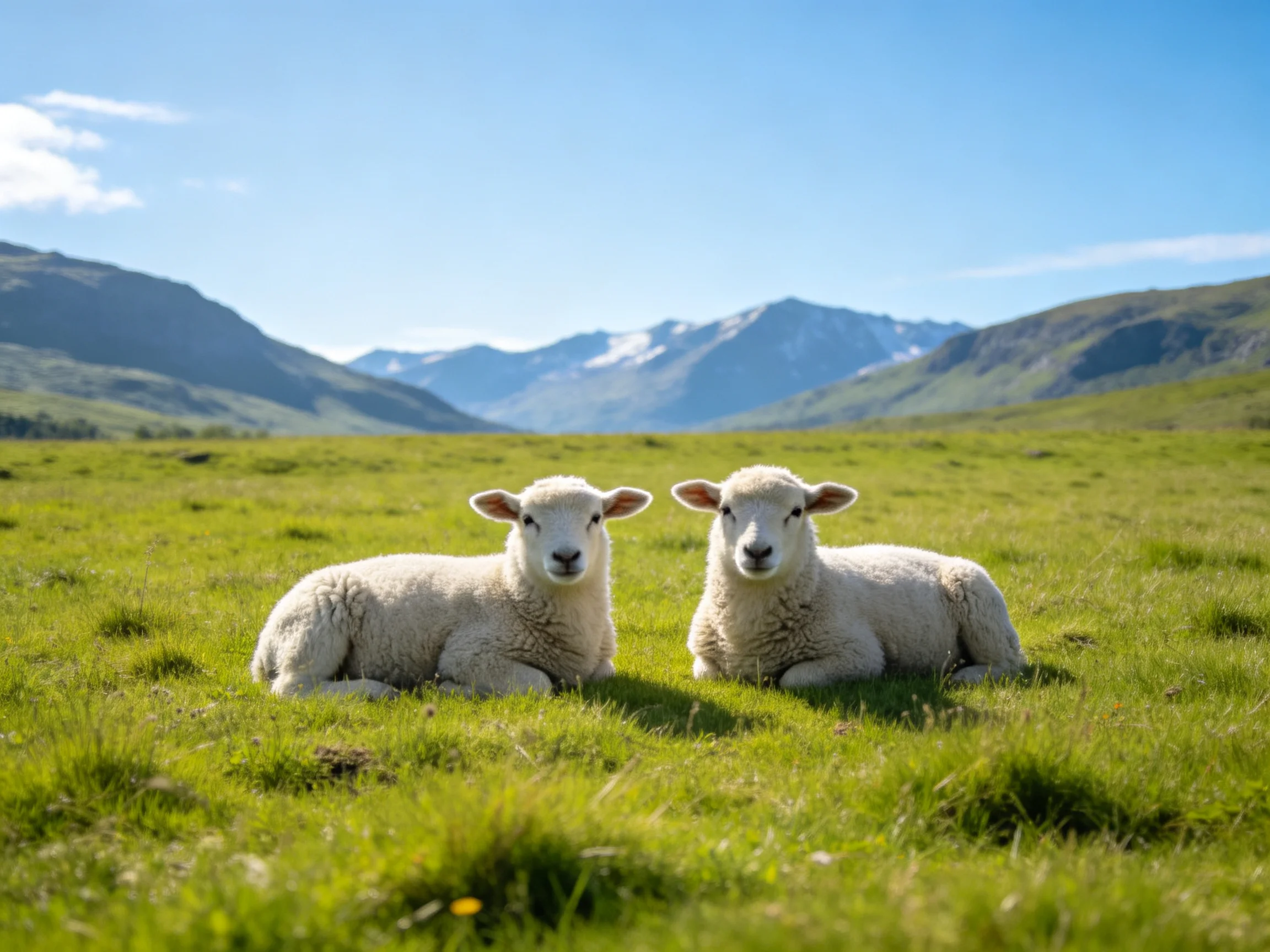 Two fluffy white lambs rest on a lush green meadow