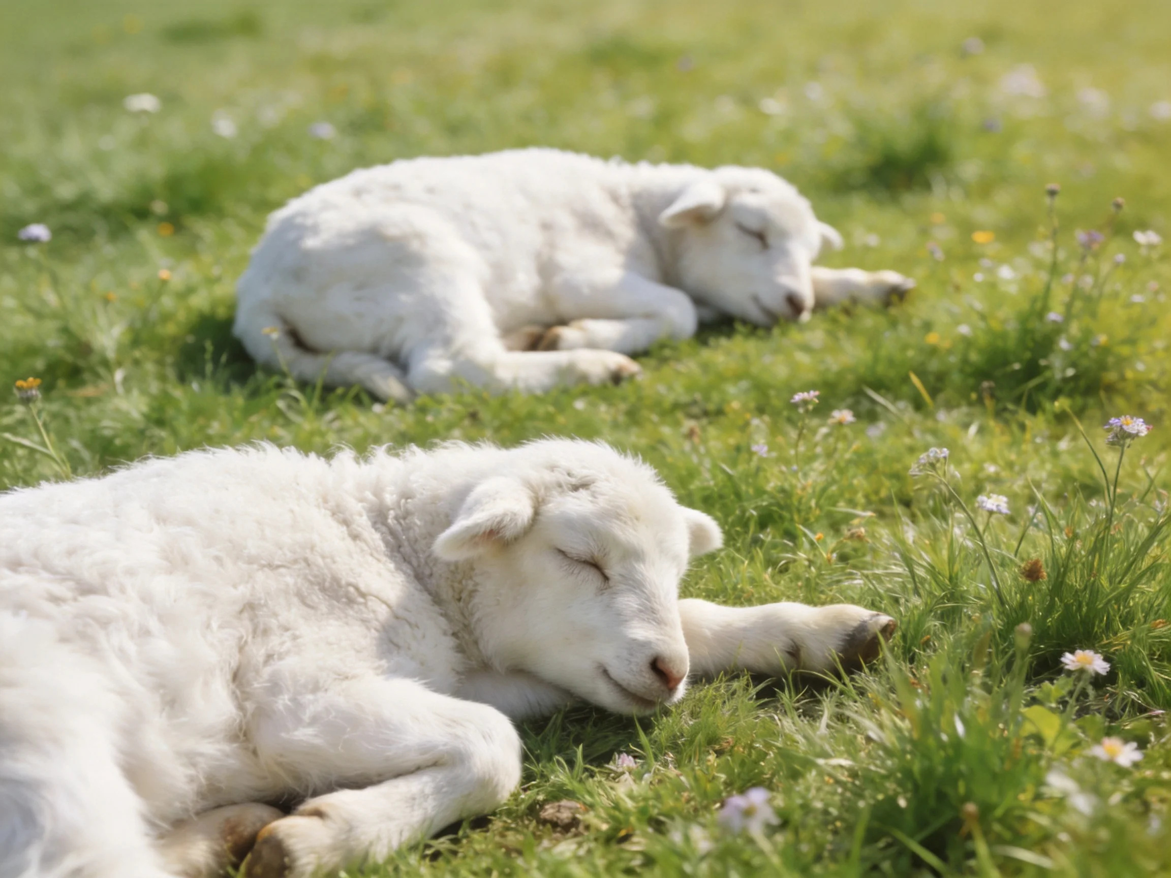 Two fluffy white lambs rest on a verdant meadow with wildflowers.