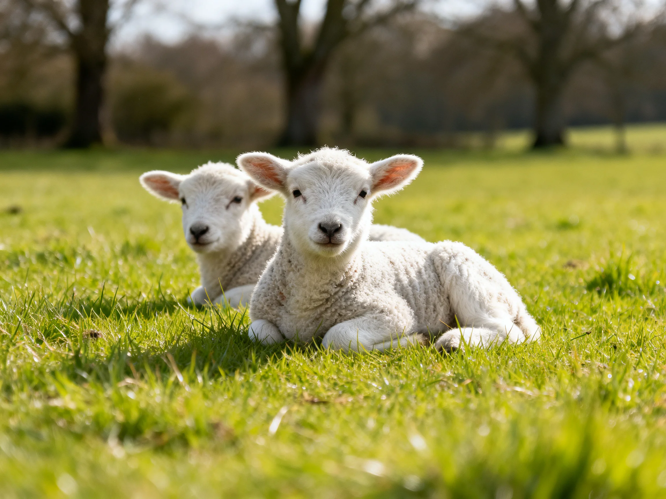 Two fluffy white lambs rest on lush green grass in a sunlit field