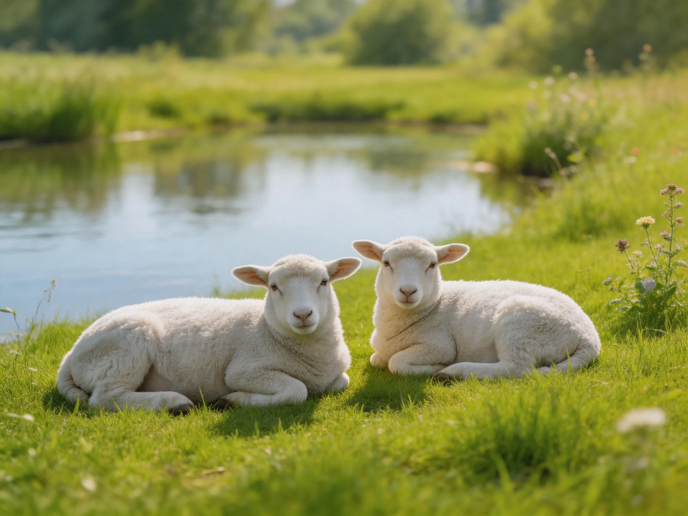 Two fluffy white lambs rest on lush green grass near a calm waterway