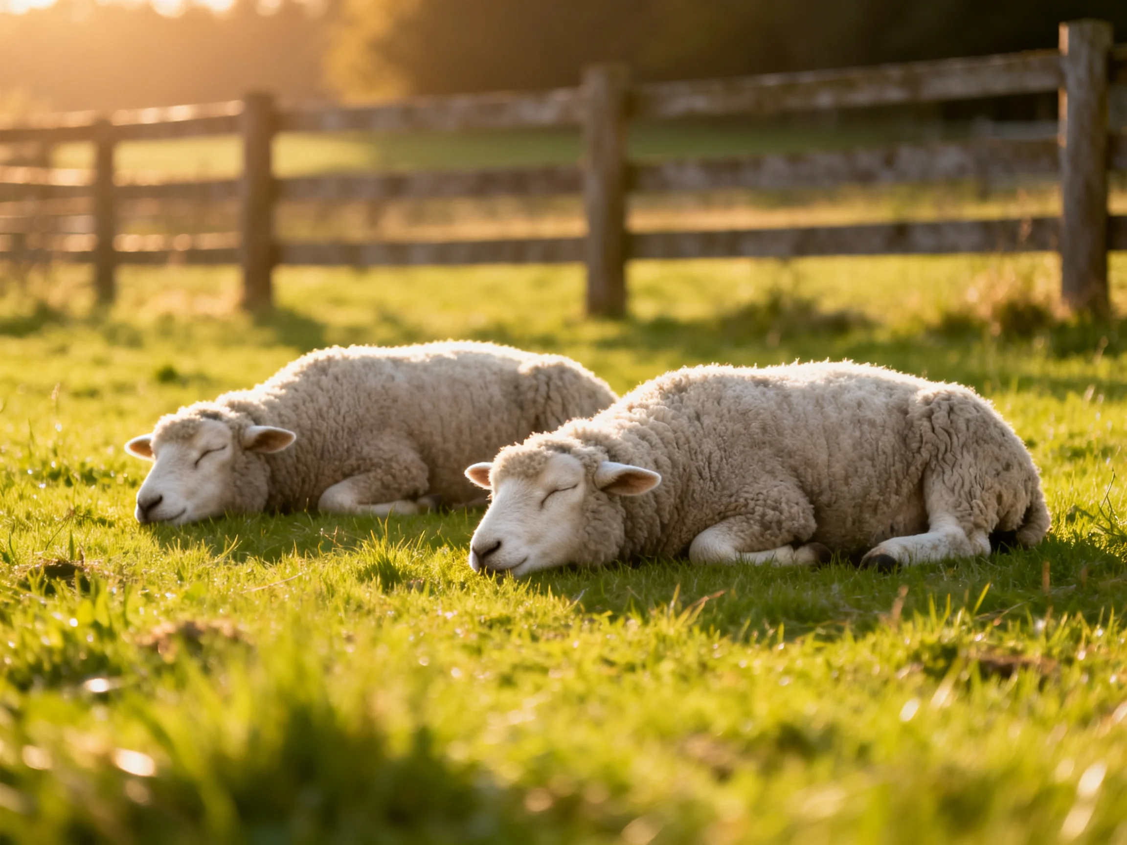 Two lambs sleep peacefully on a sunlit meadow with a wooden fence in the background