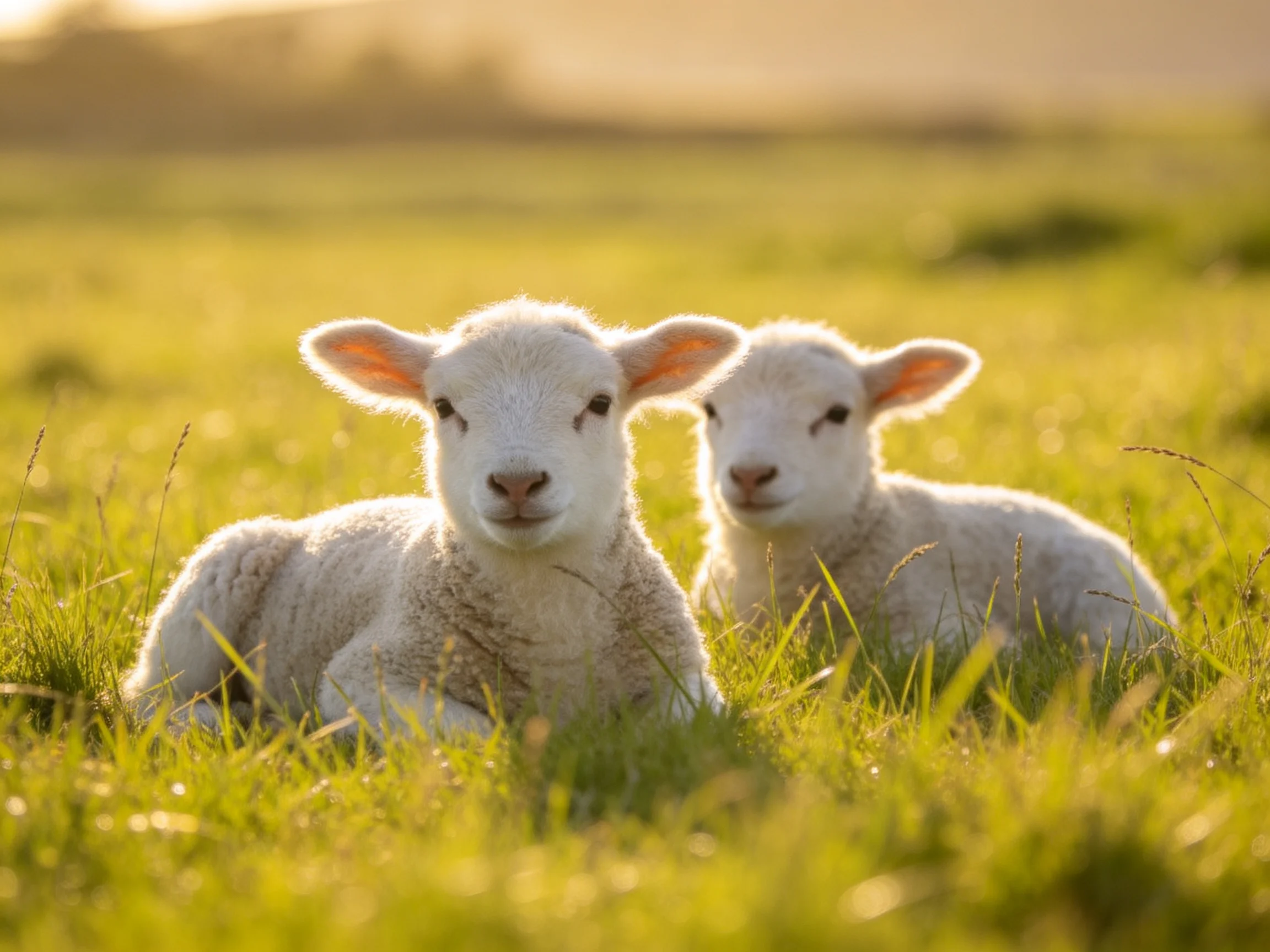 Two fluffy white lambs resting in a sunlit green meadow
