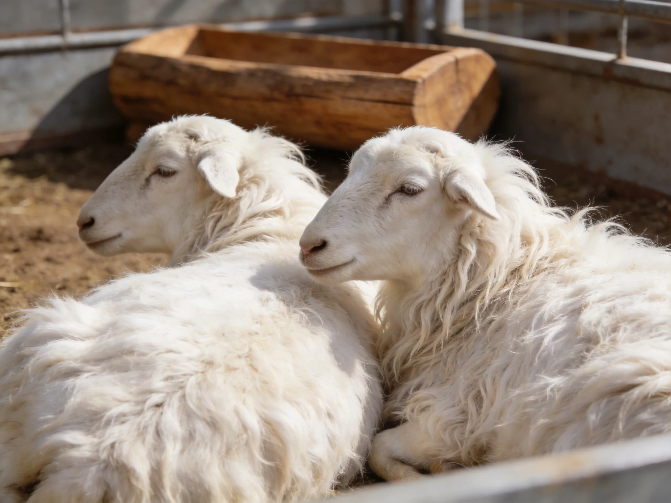 Two white lambs rest together in a pen with a wooden container.