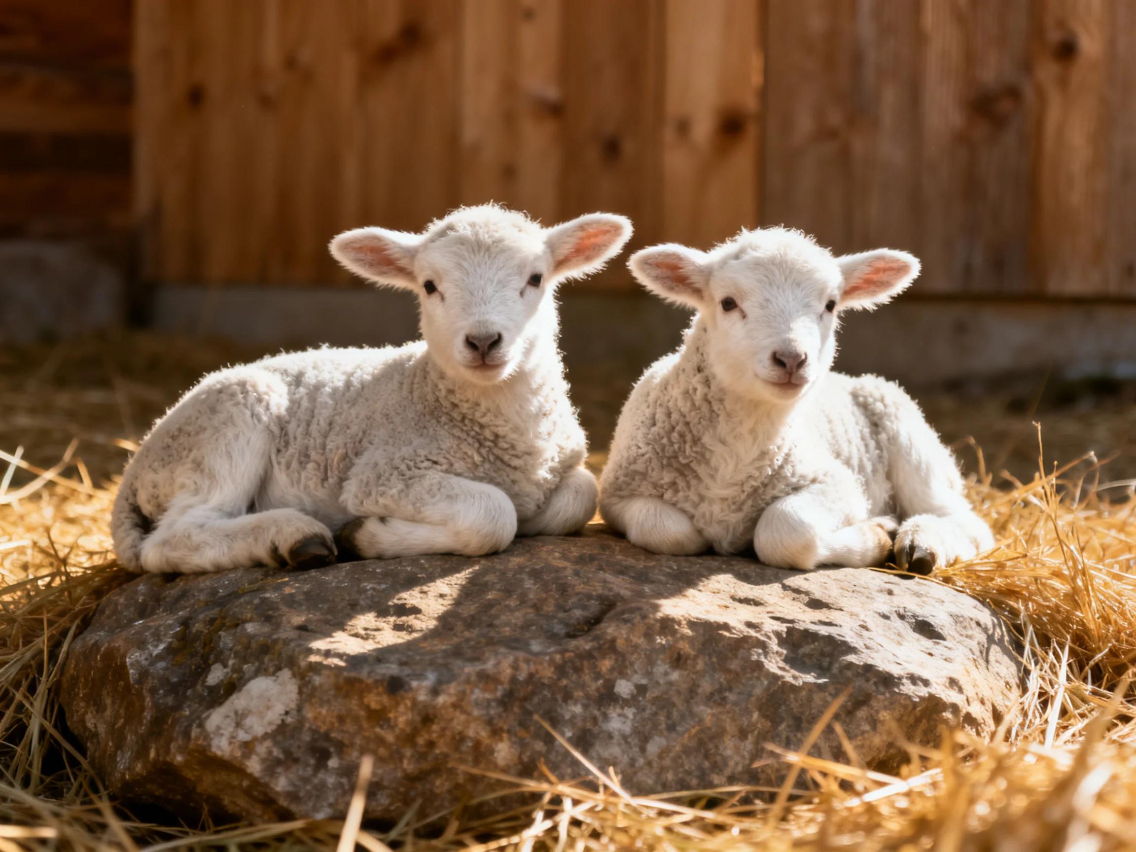 Two fluffy white lambs resting on a large rock near golden straw