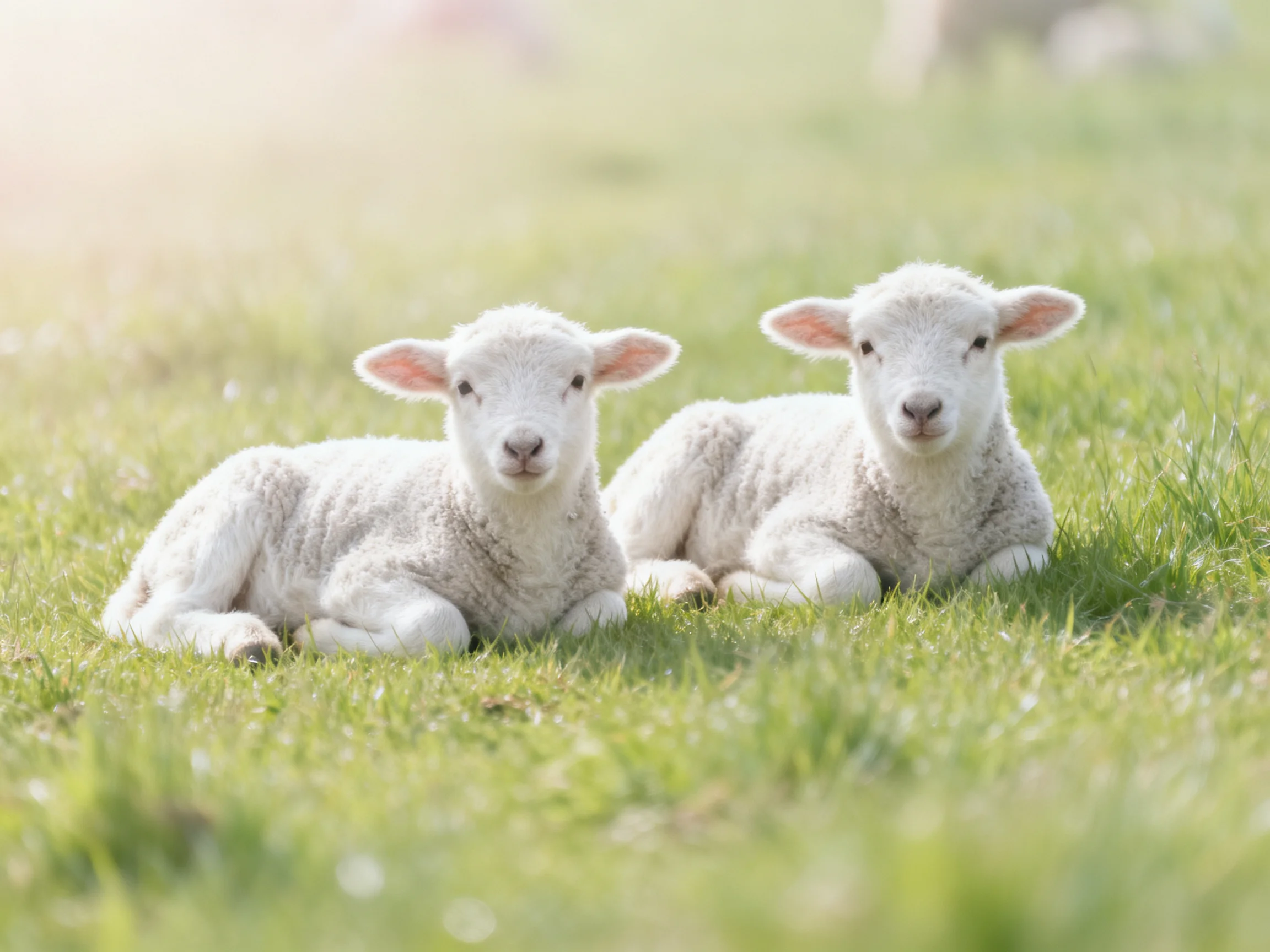 Two fluffy white lambs resting on lush green grass