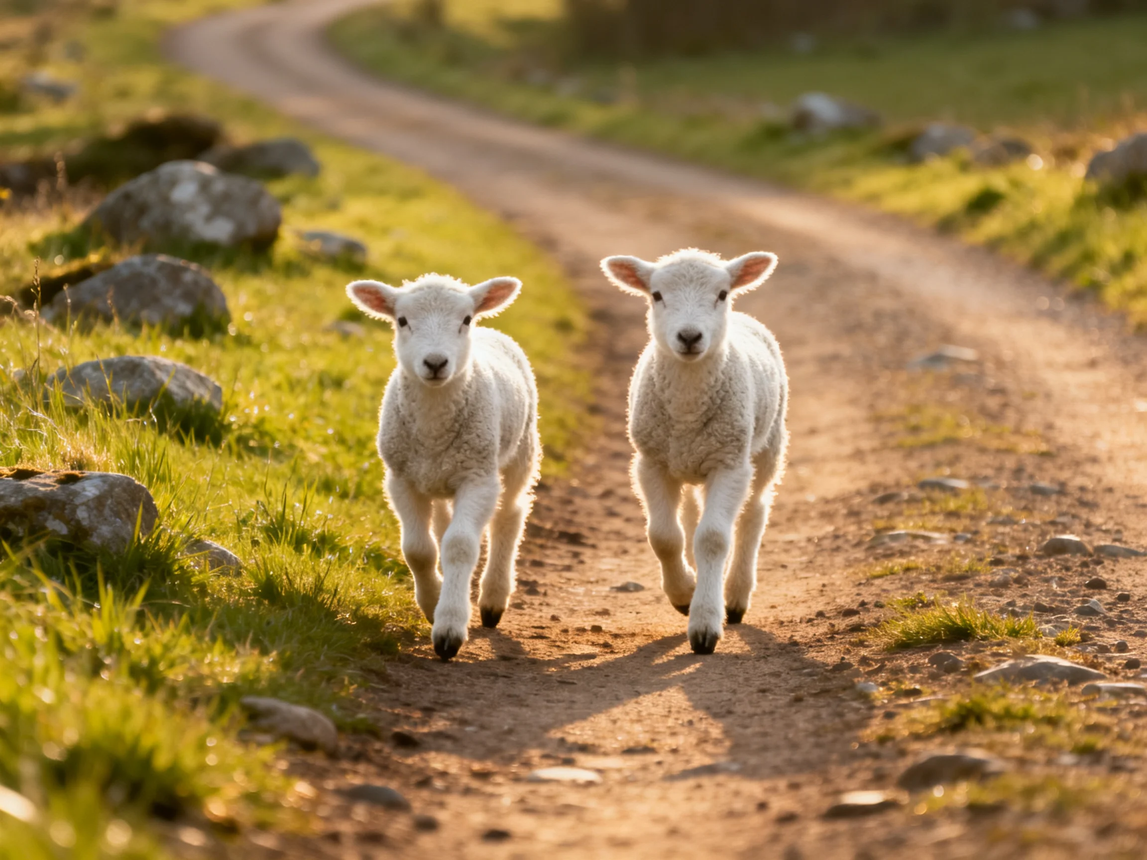 Two fluffy white lambs run along a winding dirt path