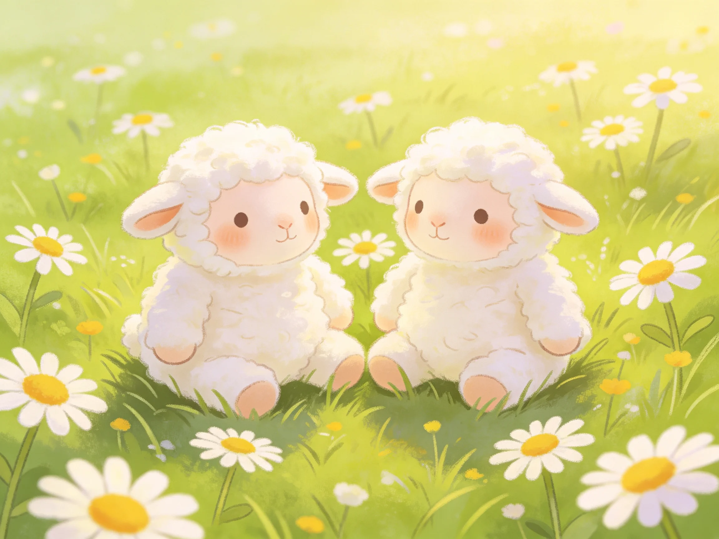 Two fluffy white lambs sit amid daisies in a sunny green meadow