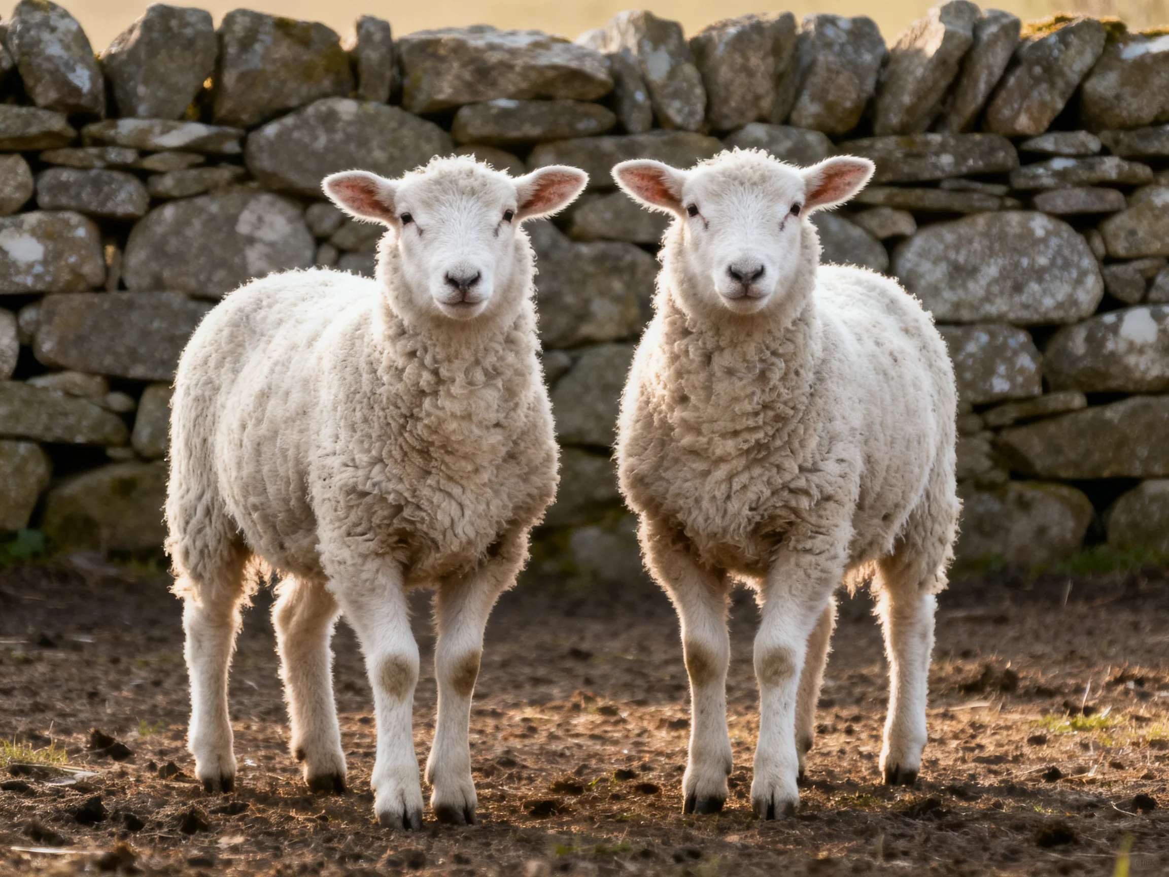 Two fluffy white lambs stand before an aged stone wall