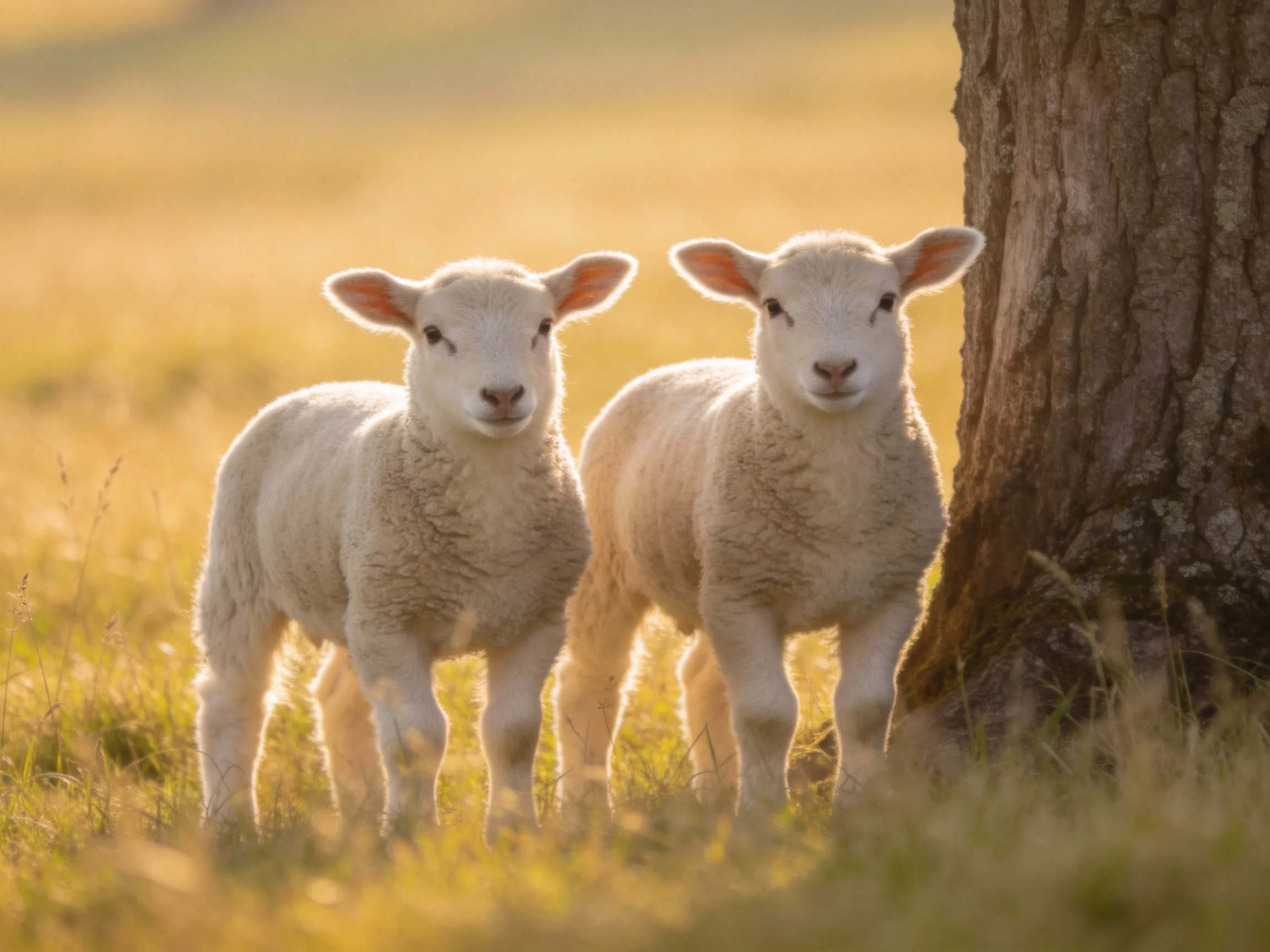 Two young sheep stand together near a tree in a sunlit field.