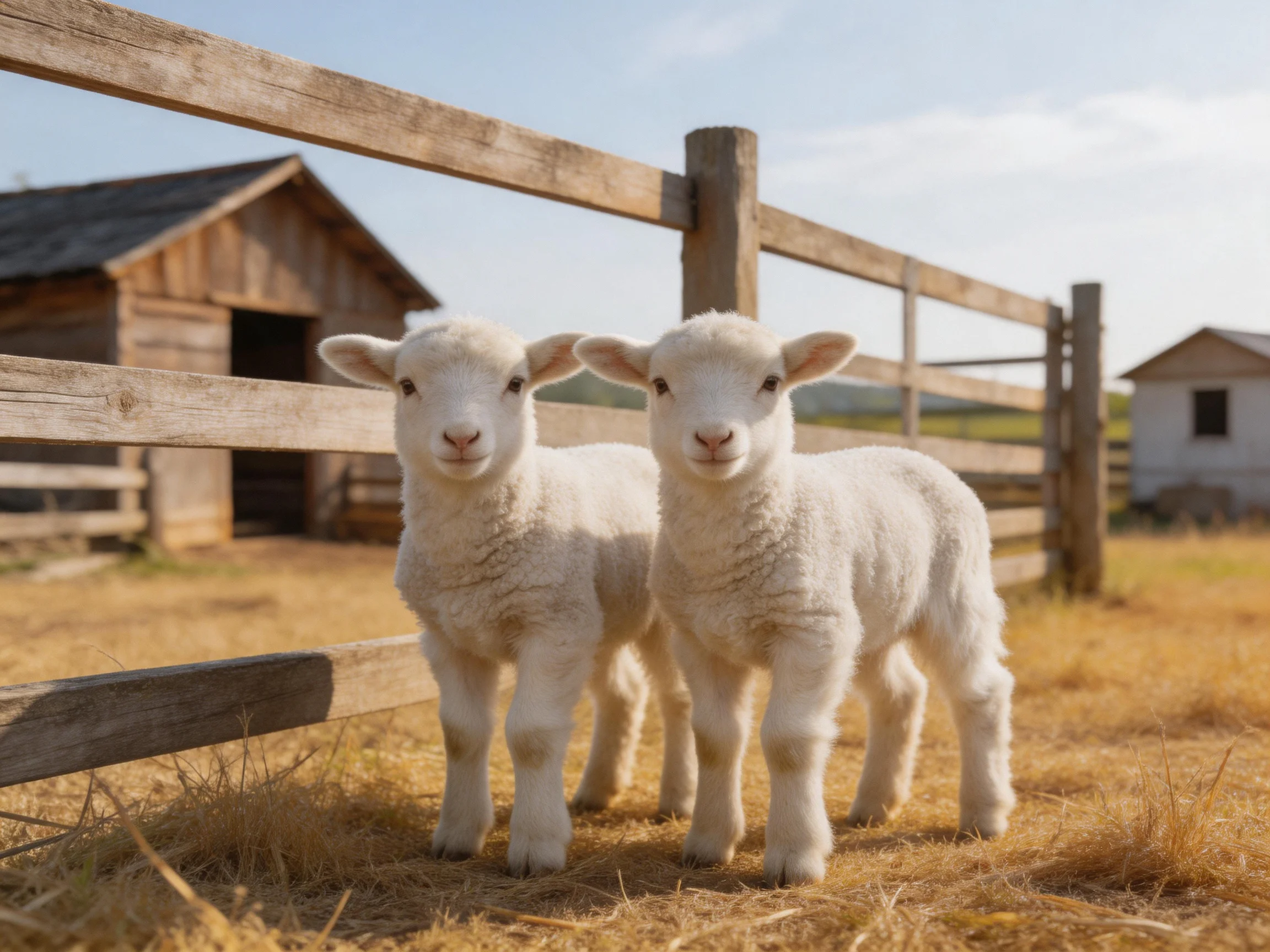 Two fluffy white lambs stand beside a weathered wooden farm fence