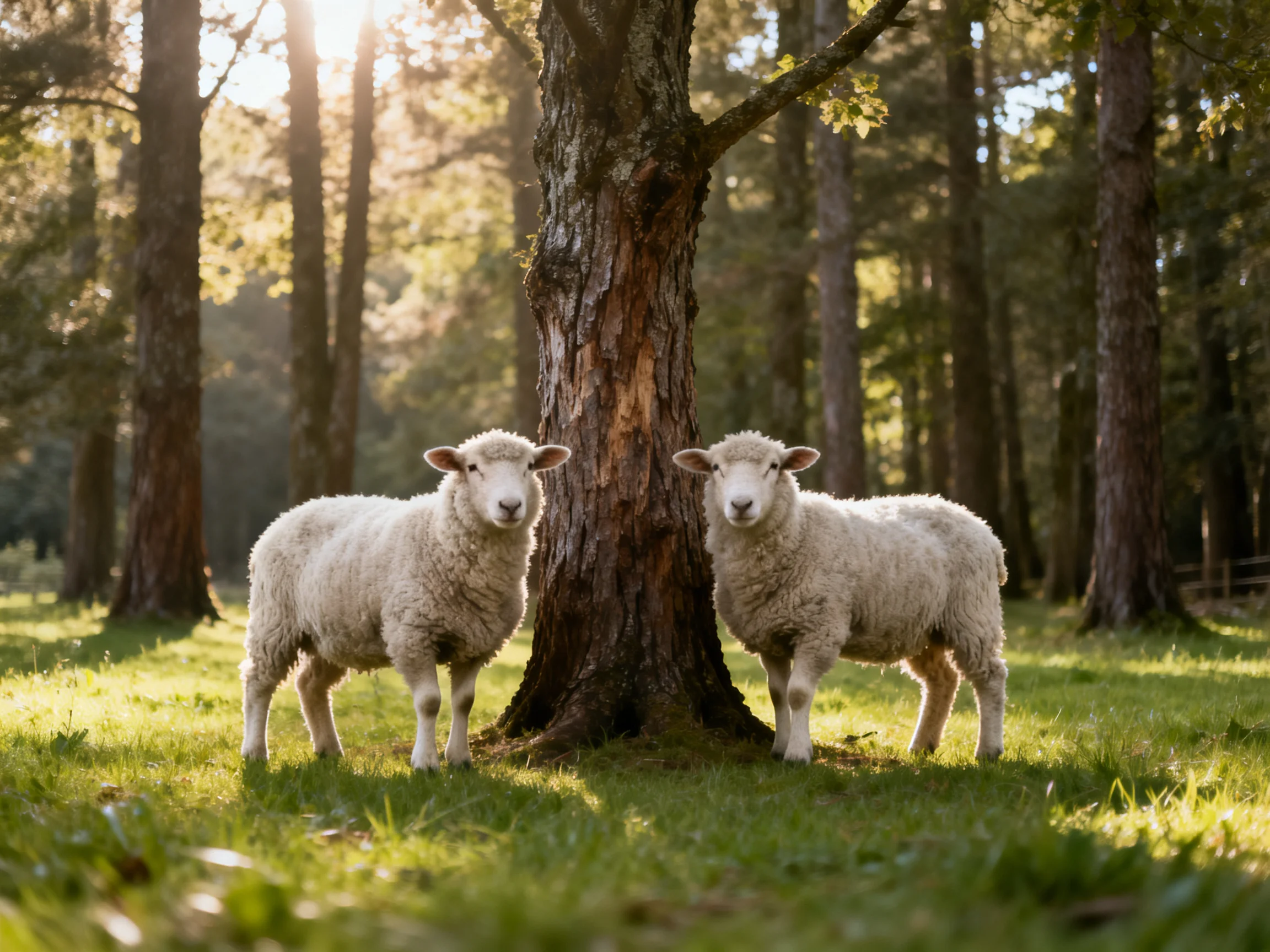 Two lambs stand near a large tree in a sunlit forest clearing.