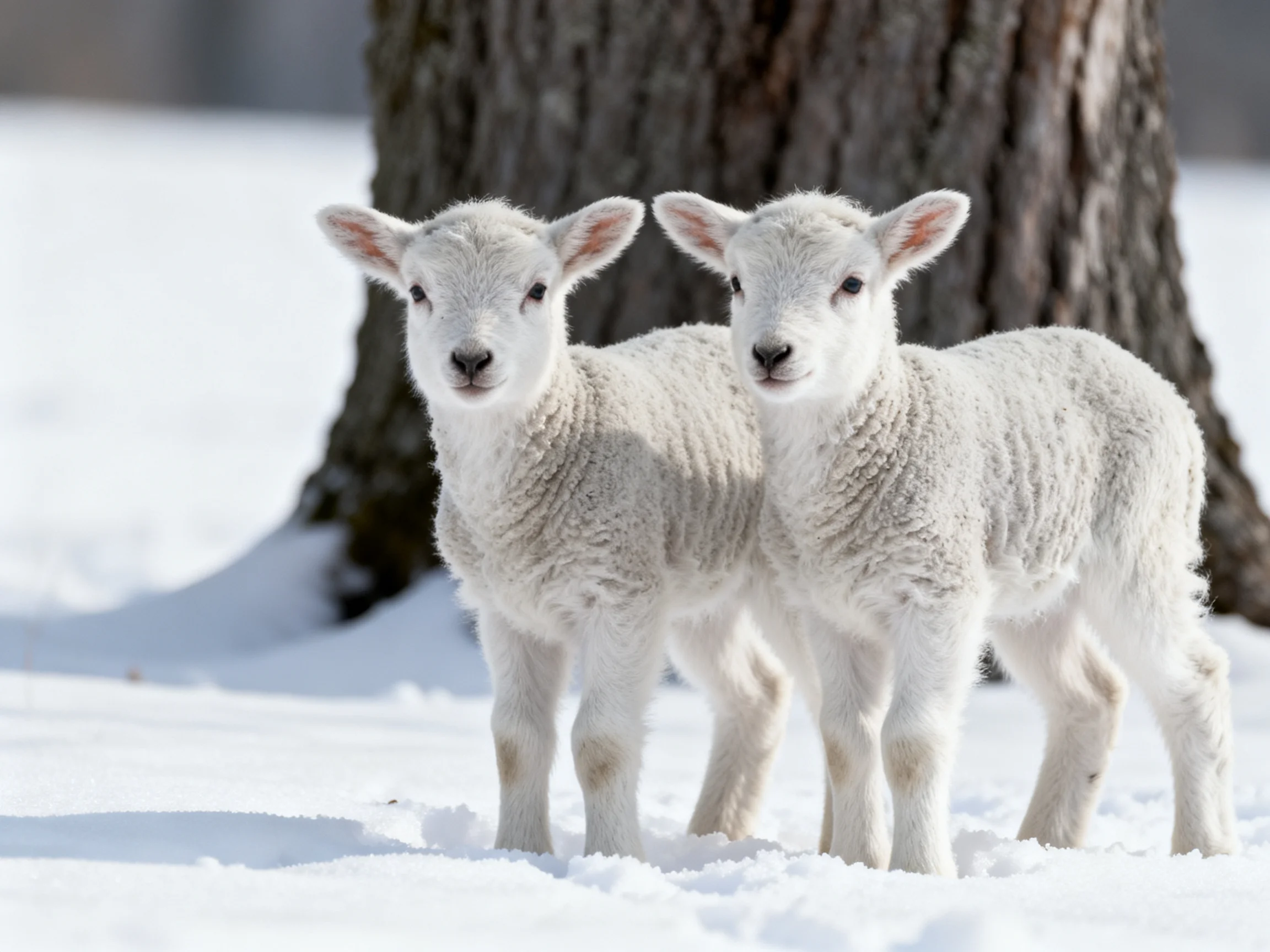 Two fluffy white lambs stand by a large tree in snow