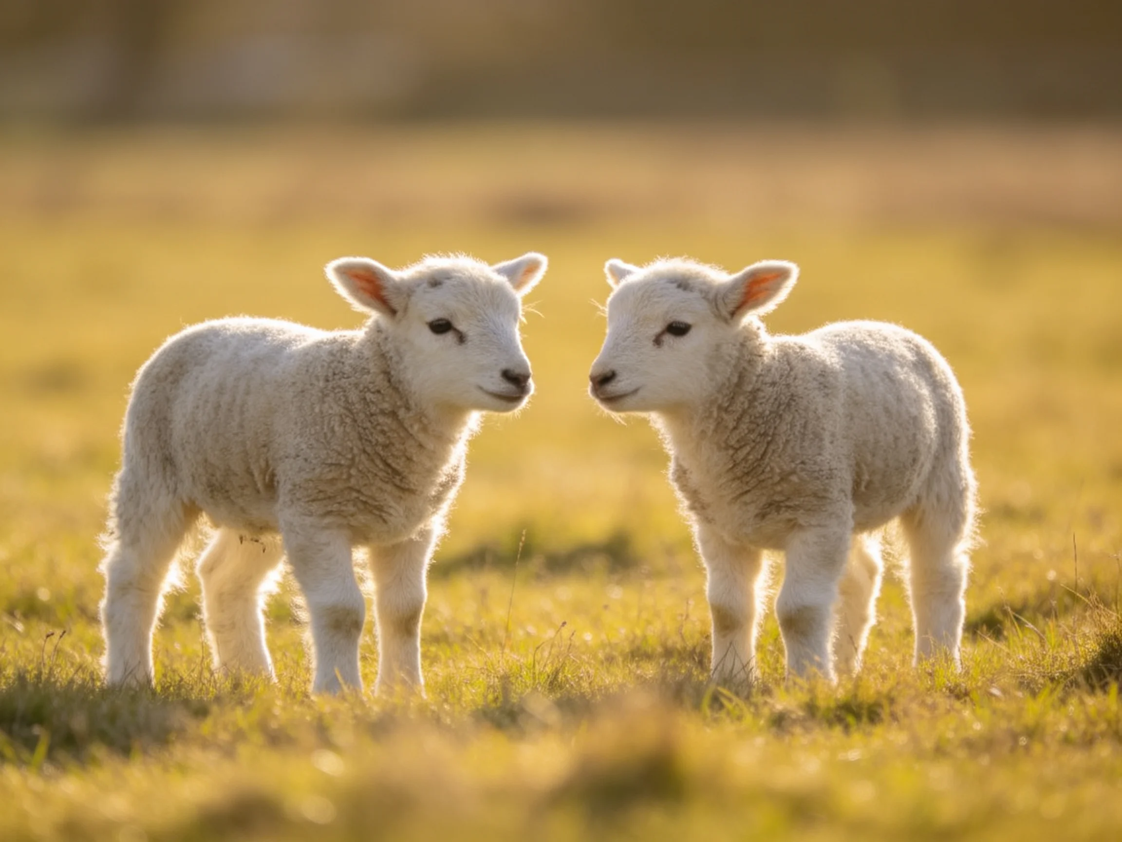 Two fluffy white lambs stand close together in a golden meadow