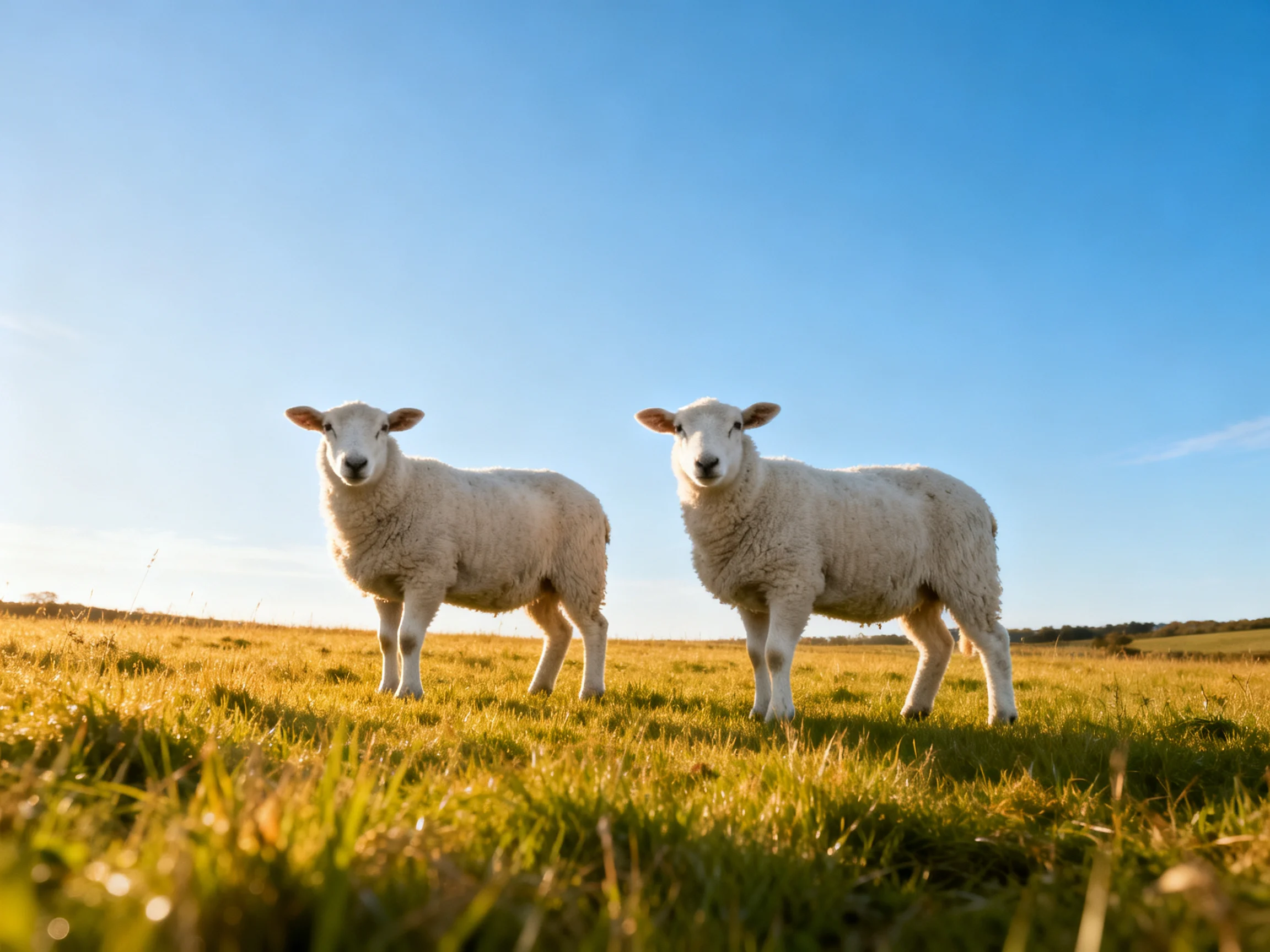 Two white lambs stand together in a sunny pasture with a clear blue sky.