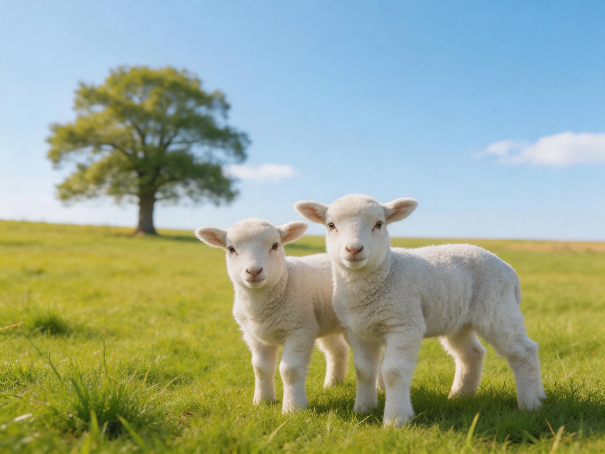 Two fluffy white lambs stand in a lush green meadow beside a large tree.