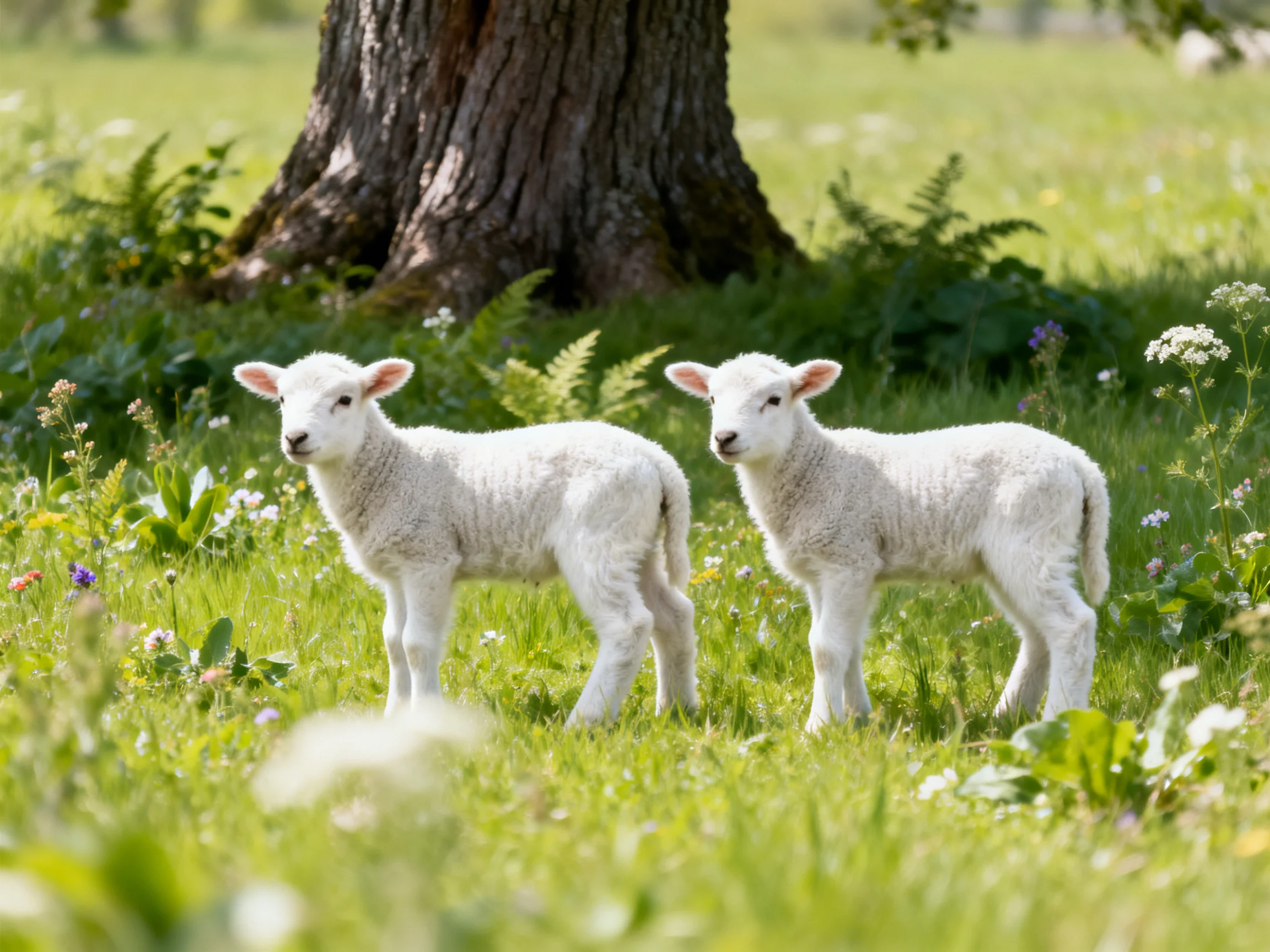 Two fluffy white lambs stand in a lush green meadow near a large tree