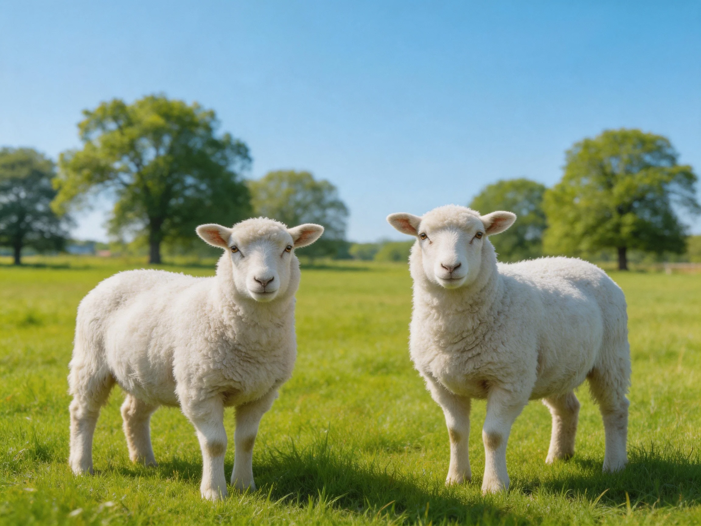 Two fluffy white lambs stand in a lush green meadow