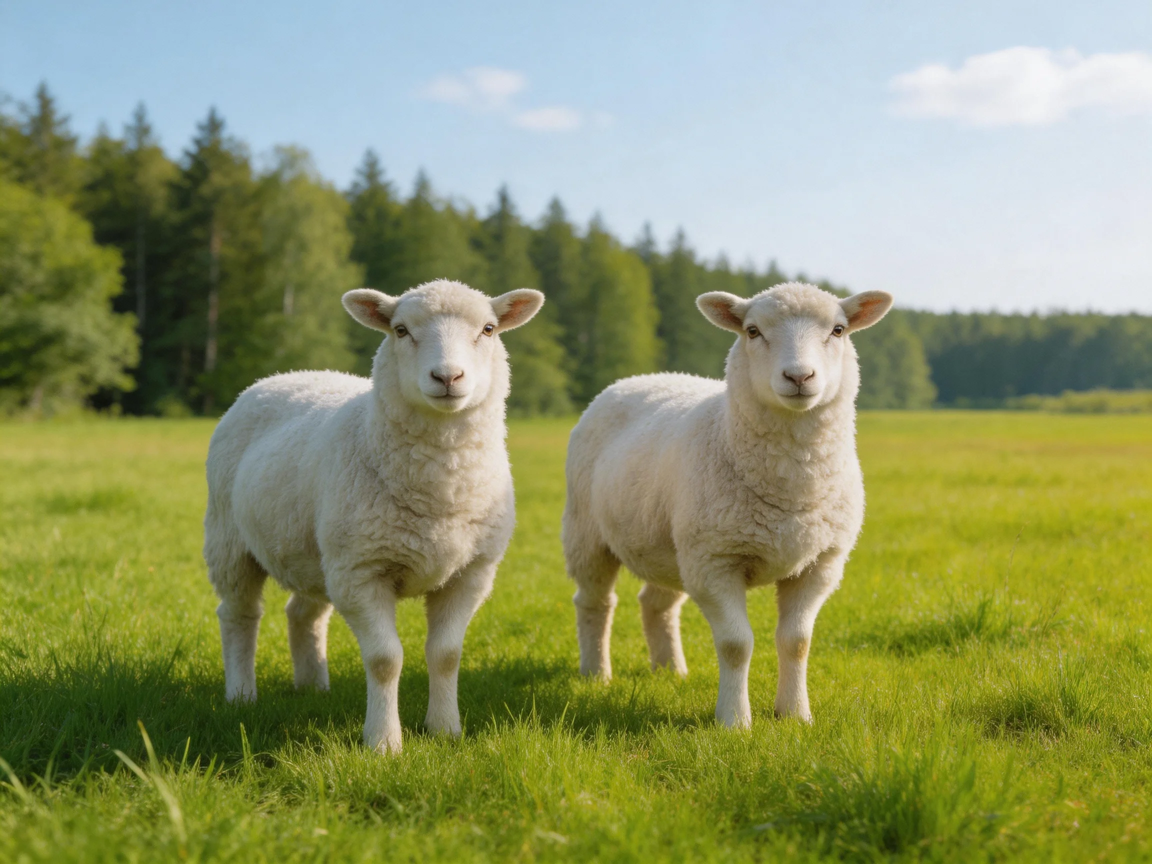 Two fluffy white lambs stand in a lush green meadow.