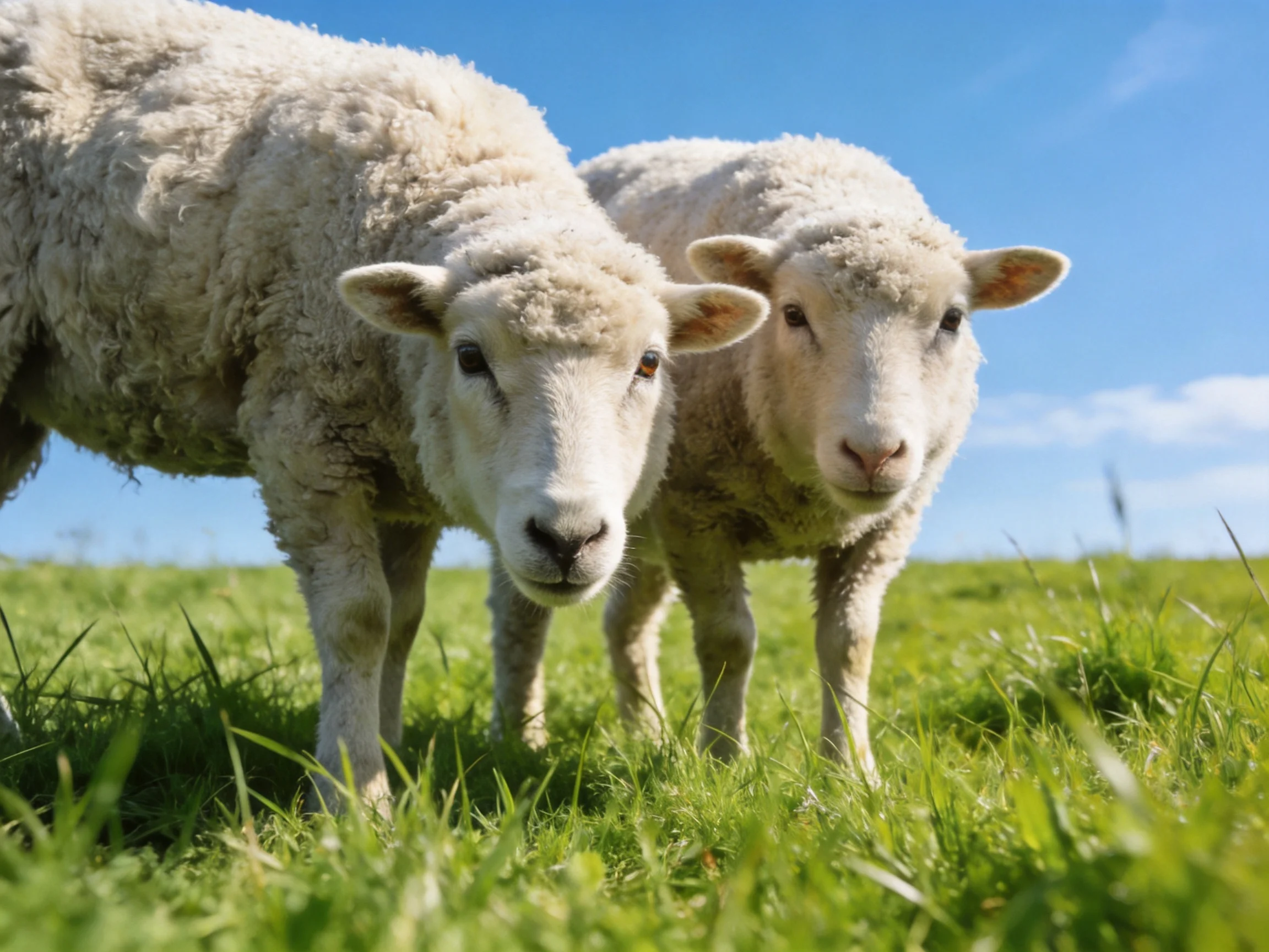Two fluffy white lambs stand close together in a sunny green pasture.