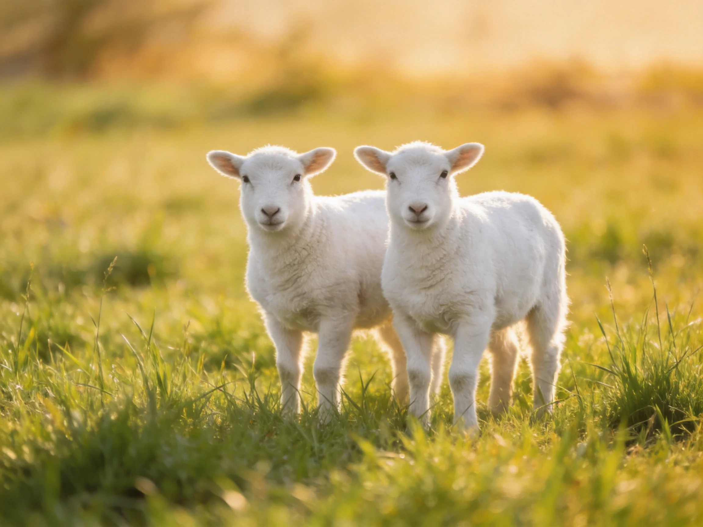 Two fluffy white lambs stand in a sunlit green meadow